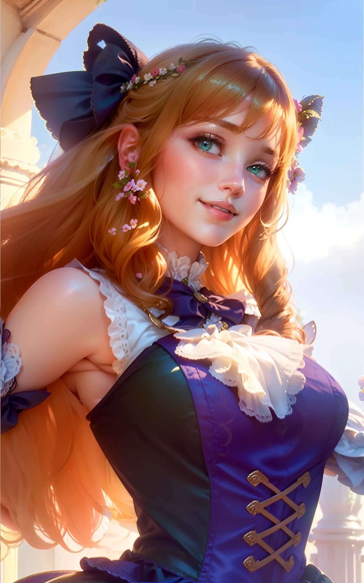 (bright sunlight:1.2), (best quality,4k,8k,highres,masterpiece:1.2), (realistic,photorealistic,photo-realistic:1.37), beautiful detailed green eyes, long eyelashes, pale pink lips, (medium:1.2), (3D rendering:1.1), (vibrant colors:1.1), (soft lighting:1.1), (summer atmosphere:1.1), (lush green garden:1.1), (vintage clothes:1.1), (relaxed posture:1.1), (natural beauty:1.1), (British flag:0.9), (traditional British tea set:1.1), (Victorian era furniture:0.9), (lovely flower crown:1.1), (delicate hand gesture:1.1), (graceful movement:1.1), (glossy hair:1.1), (bright smile:1.1), (pleasant facial expression:1.1), (colorful garden flowers:1.1), (beautiful countryside view:1.1), (charming English cottage:1.1), (gentle breeze:1.1), (afternoon tea:1.1), (exquisite china cups and saucers:1.1), (peaceful atmosphere:1.1), (British girl walking in the garden:1.1)