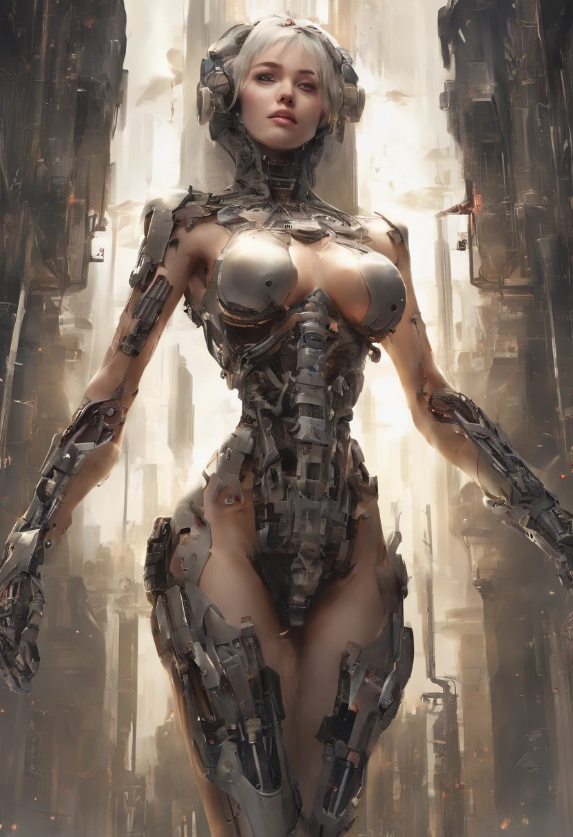 masterpiece,best quality,ultra-detailed,high resolution,(photorealistic:1.25),(nsfw:1.1),(naked),amazing beautiful sexy humanoid with bright eyes (is being restrained by mechanical bed:1),like 18 years old girl,nipple,vagina,very cute face, (mechanicaled quarter of body:1),(wholeshot body:1),near future, from above view