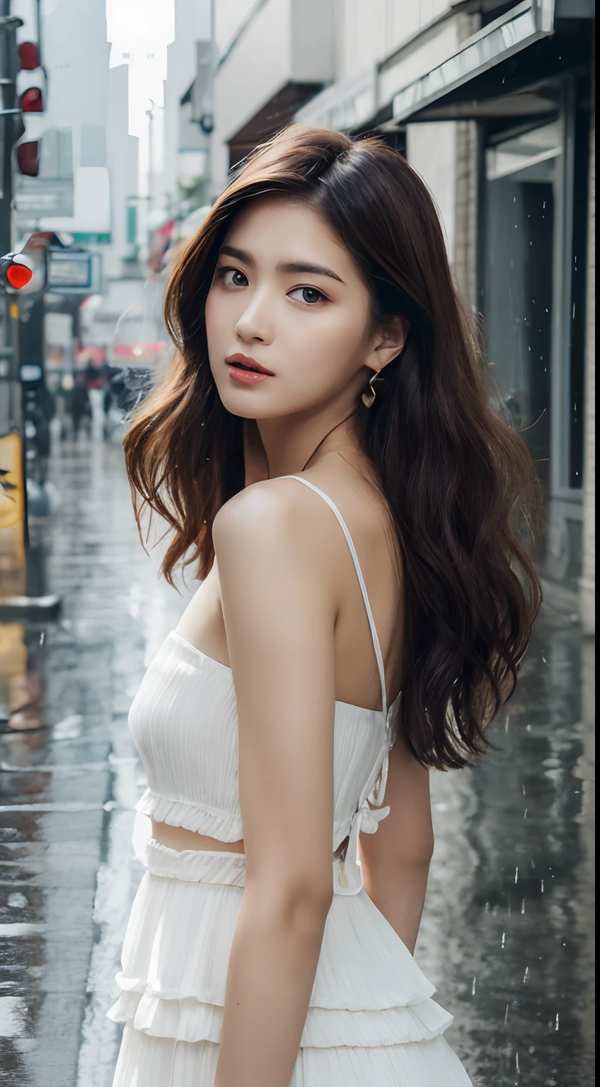 ((Best Quality, 8k, Masterpiece: 1.3)), Focus: 1.2, Perfect Body Beauty: 1.4, Buttocks: 1.2, ((Layered Haircut, Flat Chest: 1.2)), (Rain, Street:1.3), Bandeau Dress: 1.1, Highly Detailed Face and Skin Texture, Fine Eyes, Double Eyelids, Whitened Skin, Long Hair, (Shut Up: 1.3), Full Body