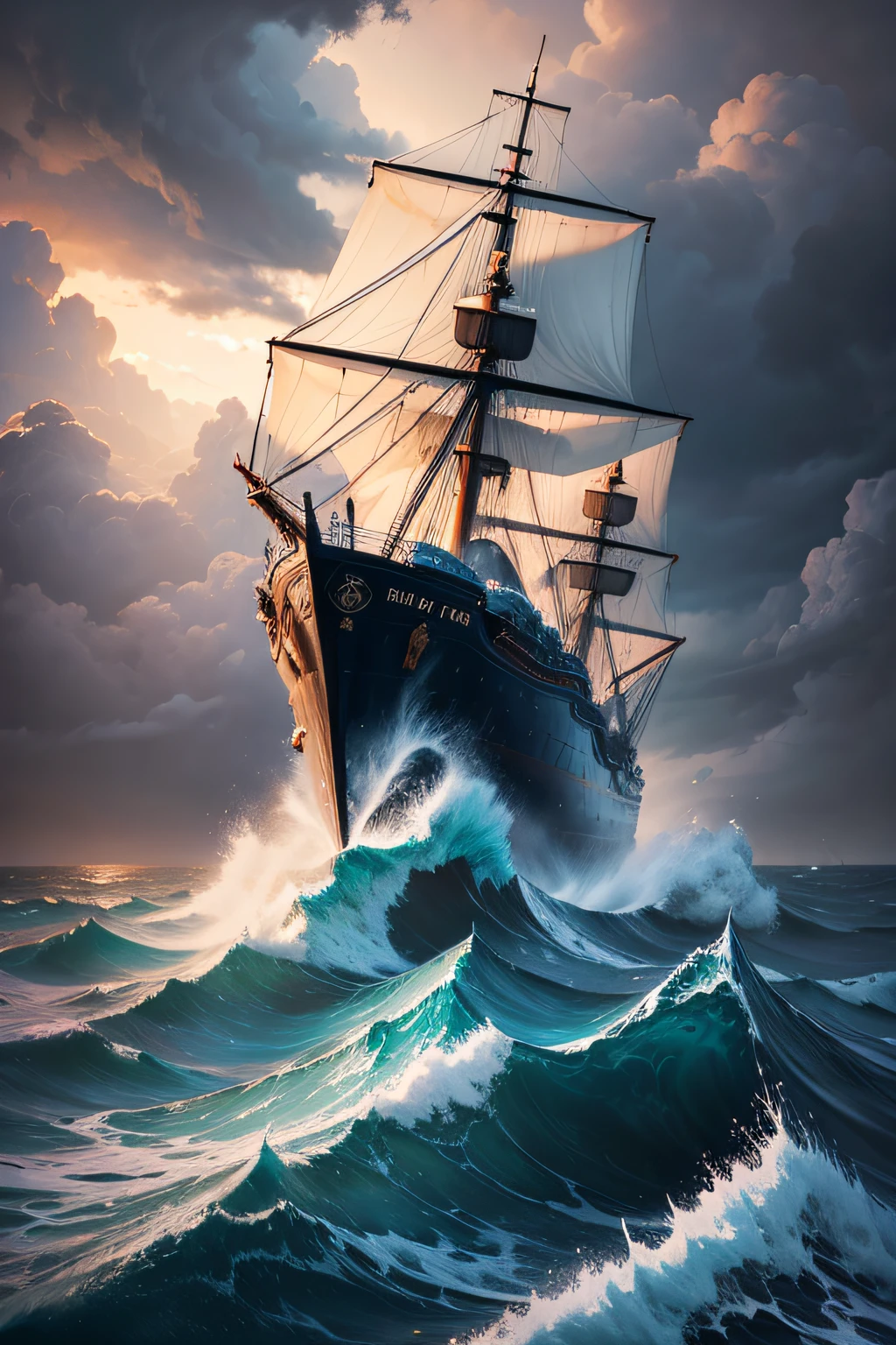 detailed ship, stormy sea, historical, towering waves, dramatic lighting, realistic painting, vibrant colors, masterful brushstrokes, turbulent atmosphere, epic battle, heroic sailors