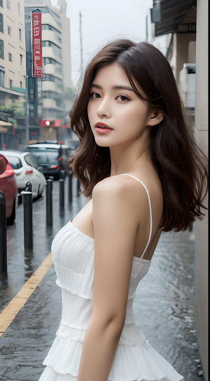((Best Quality, 8k, Masterpiece: 1.3)), Focus: 1.2, Perfect Body Beauty: 1.4, Buttocks: 1.2, ((Layered Haircut, Flat Chest: 1.2)), (Rain, Street:1.3), Bandeau Dress: 1.1, Highly Detailed Face and Skin Texture, Fine Eyes, Double Eyelids, Whitened Skin, Long Hair, (Shut Up: 1.3), Full Body