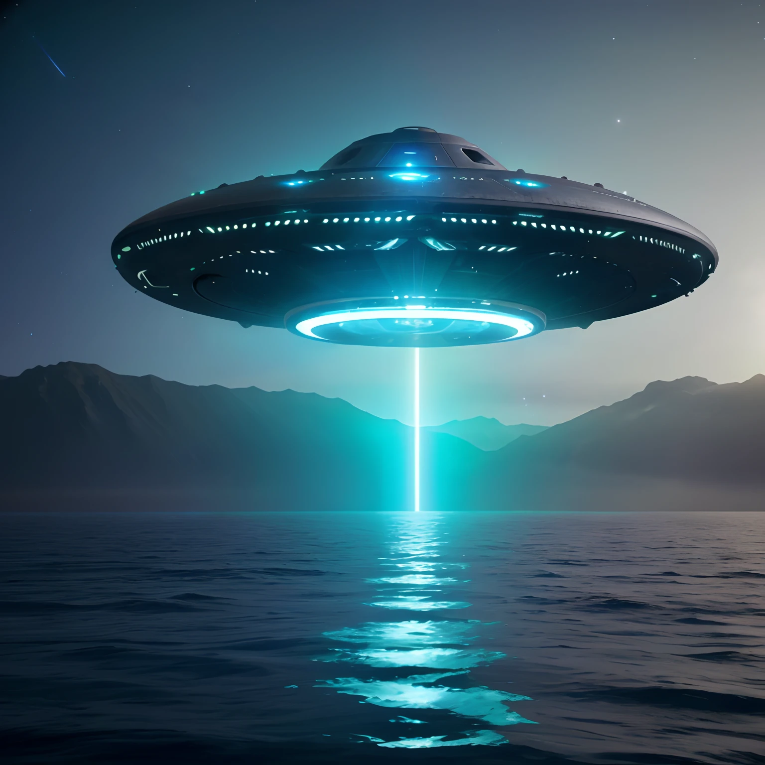 nave espacial voando sobre o oceano com uma luz brilhante vinda dele, alien spaceship in the sky, nave espacial acima de uma ilha, alien mothership in the sky, spaceship flies in the distance, of a UFO propulsion system, alien spaceship, Rapto de OVNIs, Pouso de OVNIs, alien space ship flying in space, the ufo is over the city, ufo in the sky, ufo attack