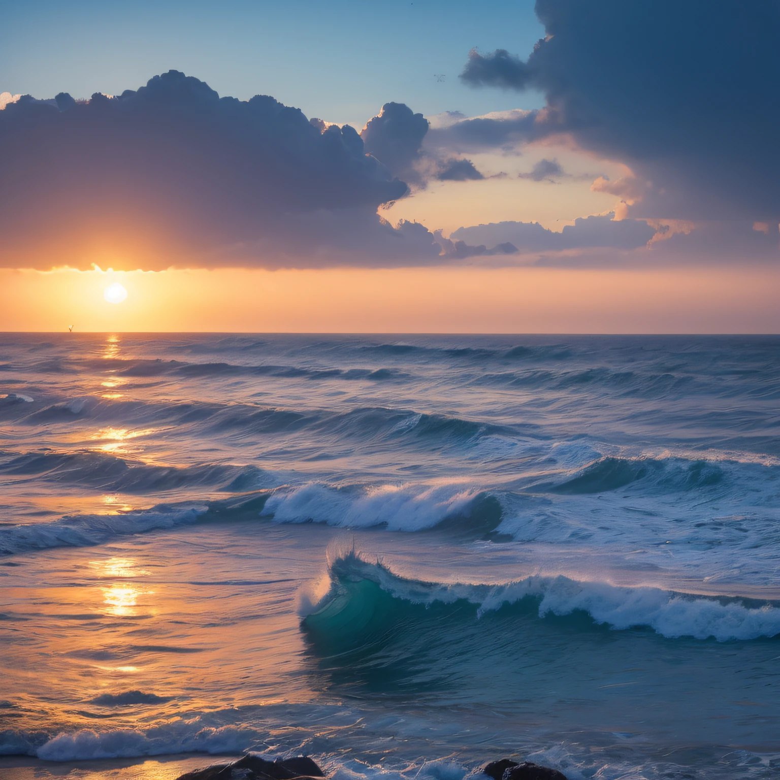 Sunset over the ocean with waves crashing on the shore - SeaArt AI