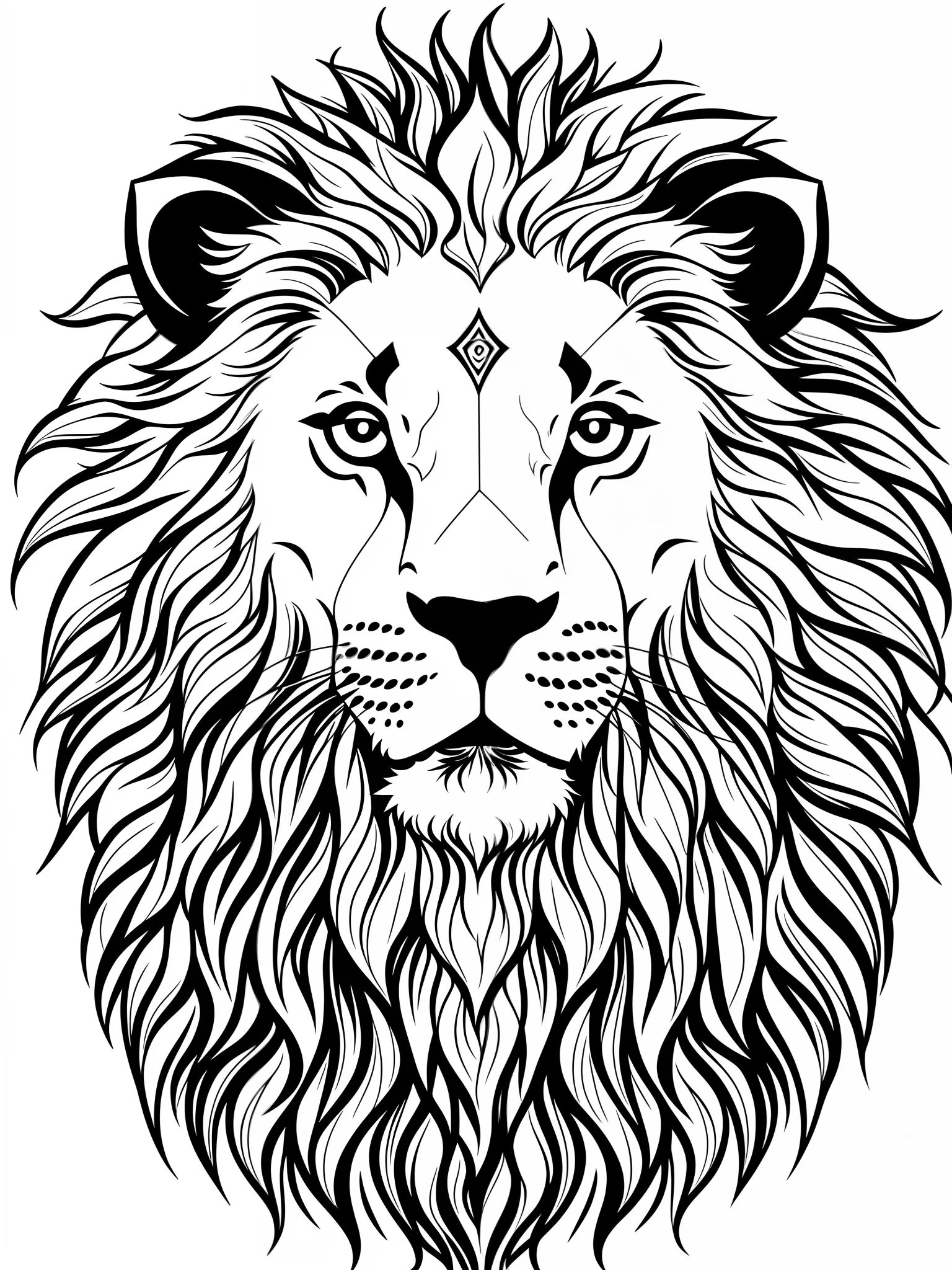 Create lion face(de frente) formada por mandalas para colorir(em preto e branco). Minimalista.sem sombreamento.Sem destaque.