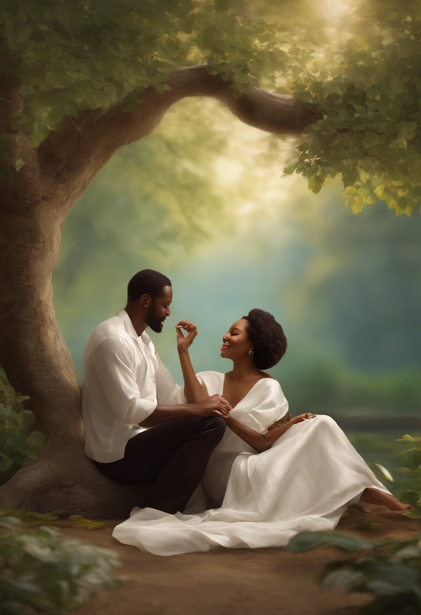 Depict an outdoor setting that encapsulates the beauty of black love. Imagine a serene backdrop, perhaps a sunlit park or a tranquil beach at sunset. Integrate elements like a shared blanket, a basket filled with cultural delicacies, or a hand-carved keepsake. Let the natural surroundings amplify the connection between the man and the woman, as they share a moment of laughter, a dance, or a quiet reflection. Let the scene be a harmonious blend of nature and the enduring spirit of ebony love