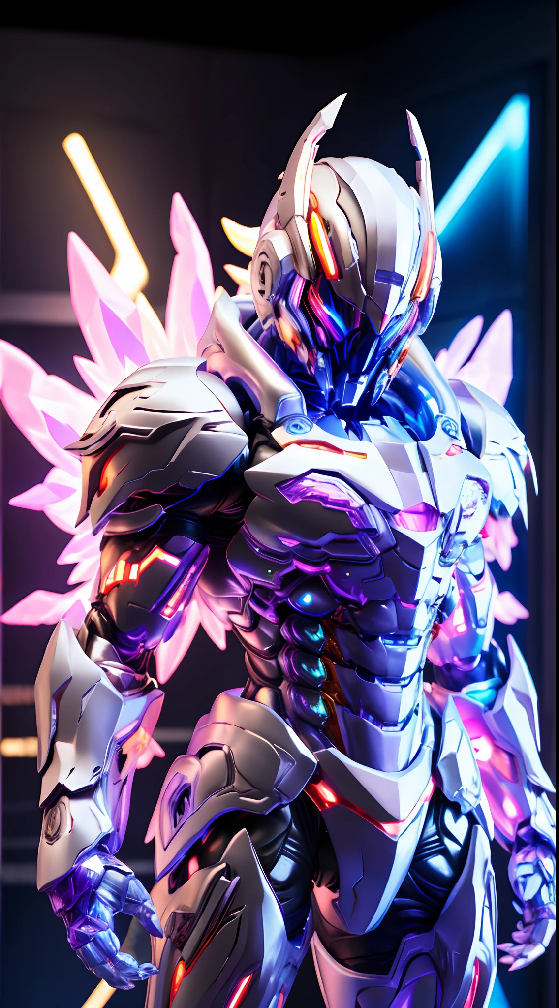 HOLY ANGEL, RAINBOW COLORED, HETEROCHROMIA EYE, CRYSTAL HEAVY ARMOR, TRANSPARANT, MUSCLE BODY.