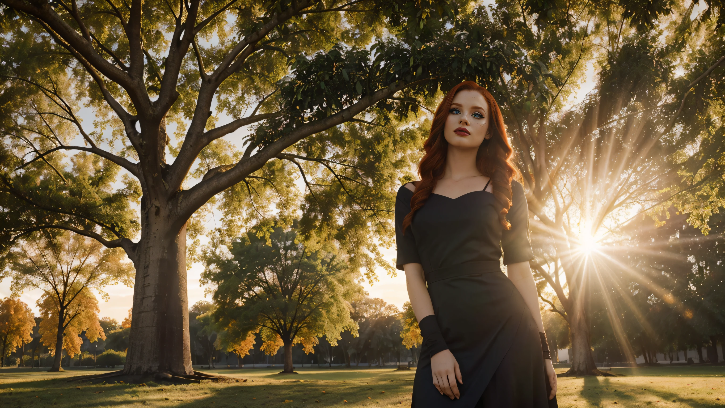 Madelaine Petsch, (eyeliner), (matte lipstick), vestido longo branco, ((park)), ((rosto insanamente detalhado)), (((fotografia 4k))), (orange sky, afternoon), (((sun rays passing through a tree)))