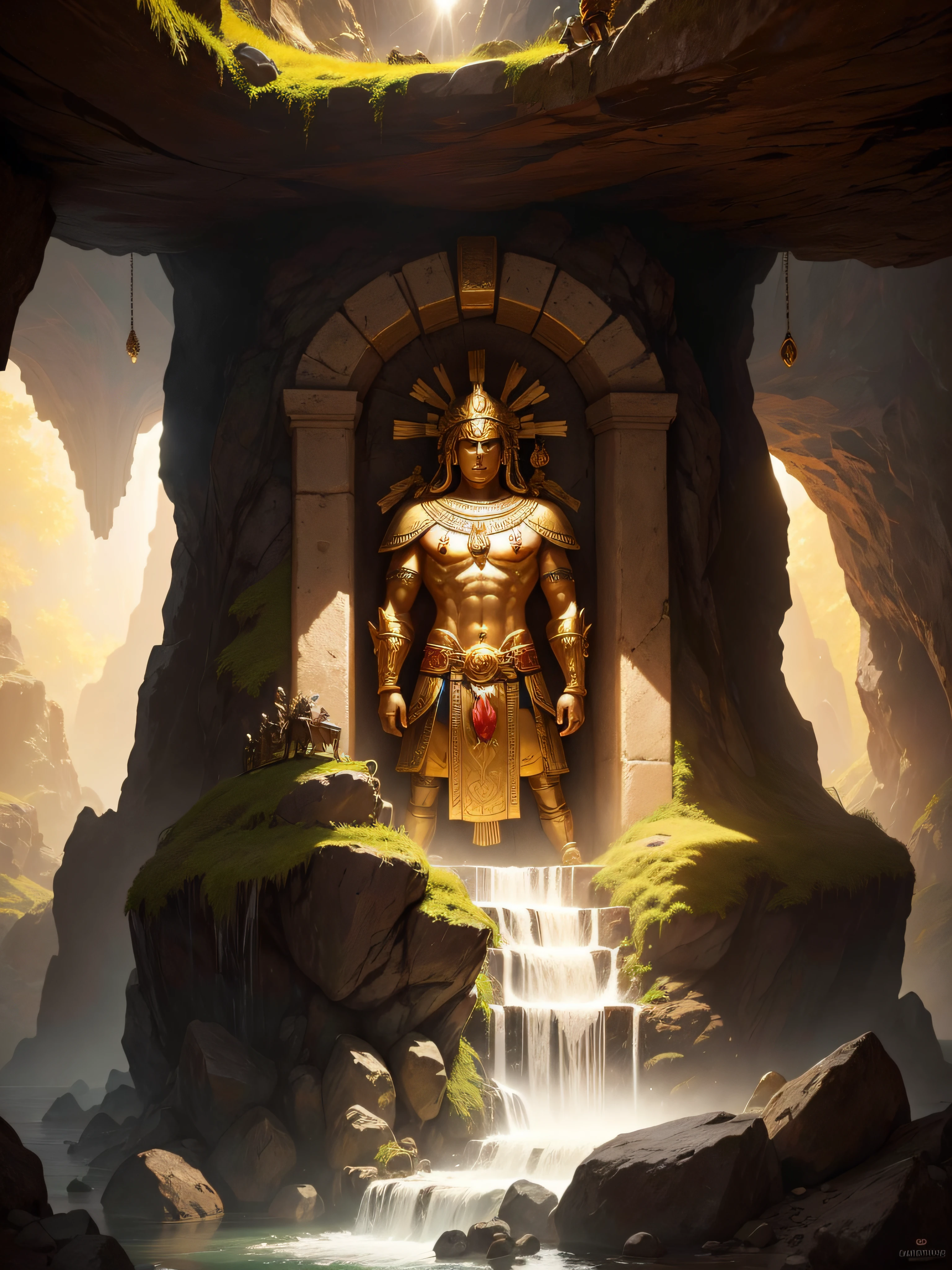 Inca god statute gold in with warrior attire inside a cave with a water fall and lots of treasure in the background sun light coming from a hole on top of the cave, shining on the statute giving it a beautiful glow, surreal concept art, surrealistic digital artwork