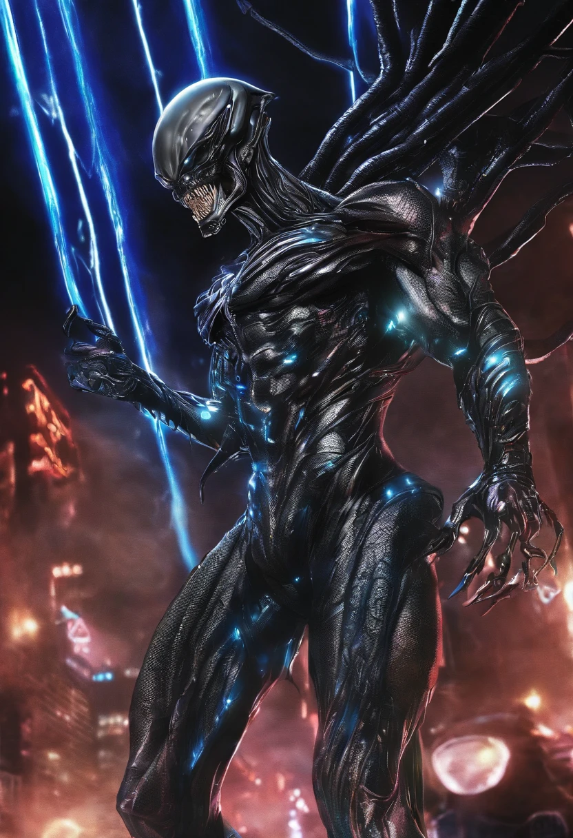 Venom possesses Superman，Full body photo，Liquid armor，high - tech，Laser laser，Delicate picture