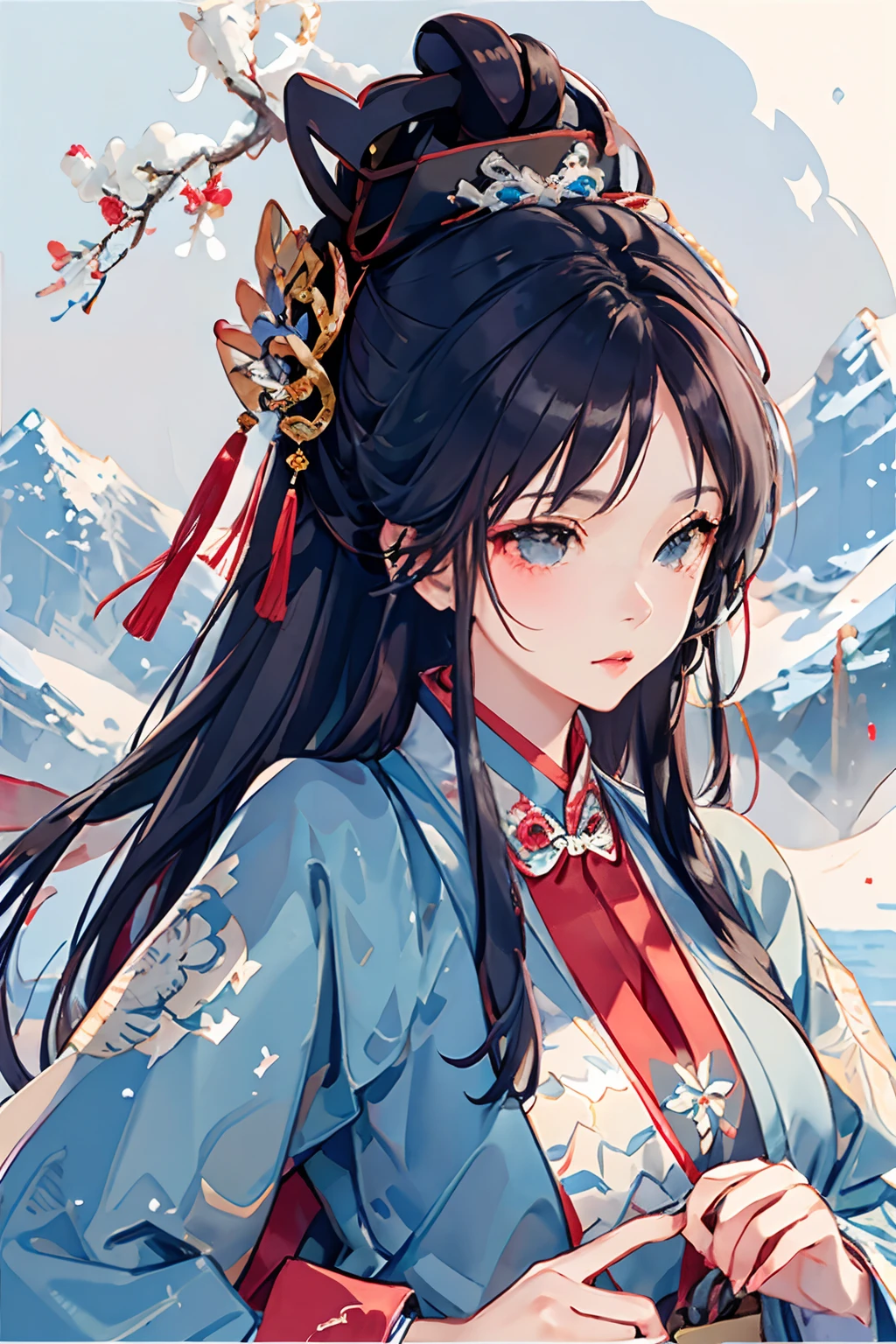 close up on face, ultra-fine face, female, ancient china style, elegance, best quality, intricate details, anatomy correct, hyper HD, mountain water, tenchi, snow mountain, (hanfu, tang style)