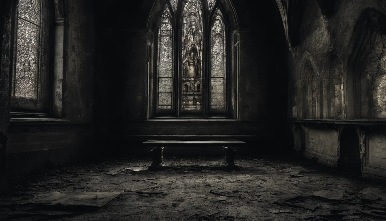 (best quality,Realistic:1.37),Escuro, Dirty-looking young man sitting in an old abandoned church, detailed face expression,atmosfera empoeirada,ambiente assustador,Solemn and sinister illumination,vitrais,crumbling walls,trepadeiras e musgo crescidos,decaying wooden benches,artefatos religiosos negligenciados,velas levemente acesas,Haunting silence,A sense of desolation and mystery,Haunted spiritual presence,gothic architecture,Shadows Dramatic,remnants of religious iconography