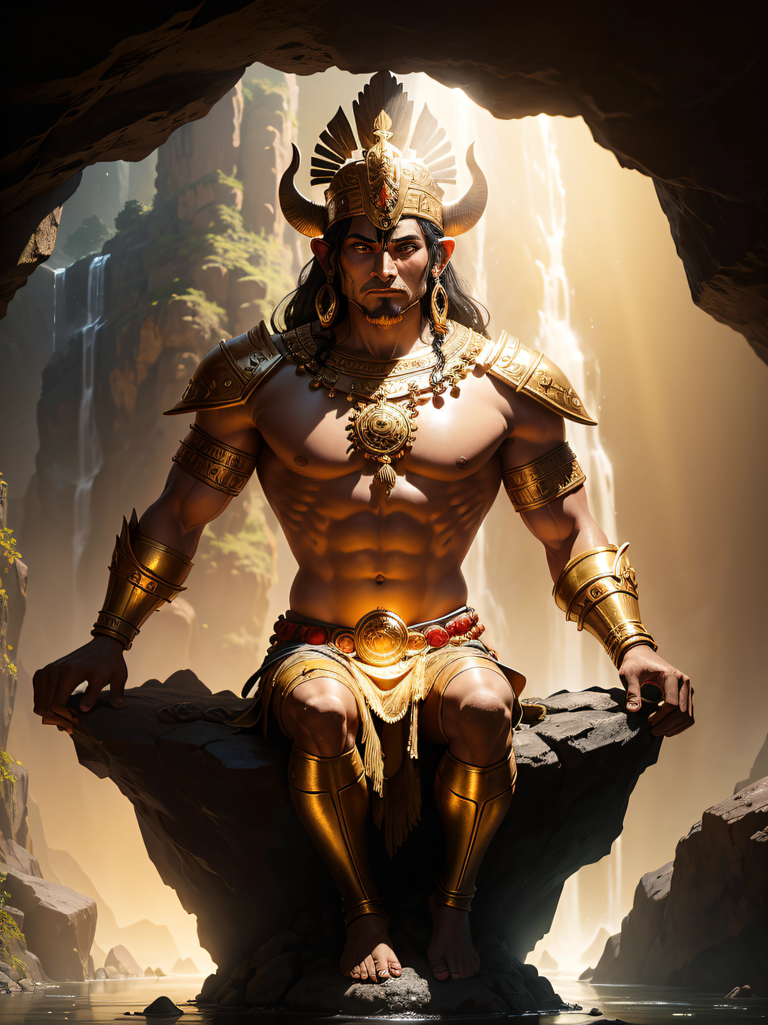 Inca god statute gold in with warrior attire inside a cave with a water fall and lots of treasure in the background sun light coming from a hole on top of the cave, shining on the statute giving it a beautiful glow, surreal concept art, surrealistic digital artwork