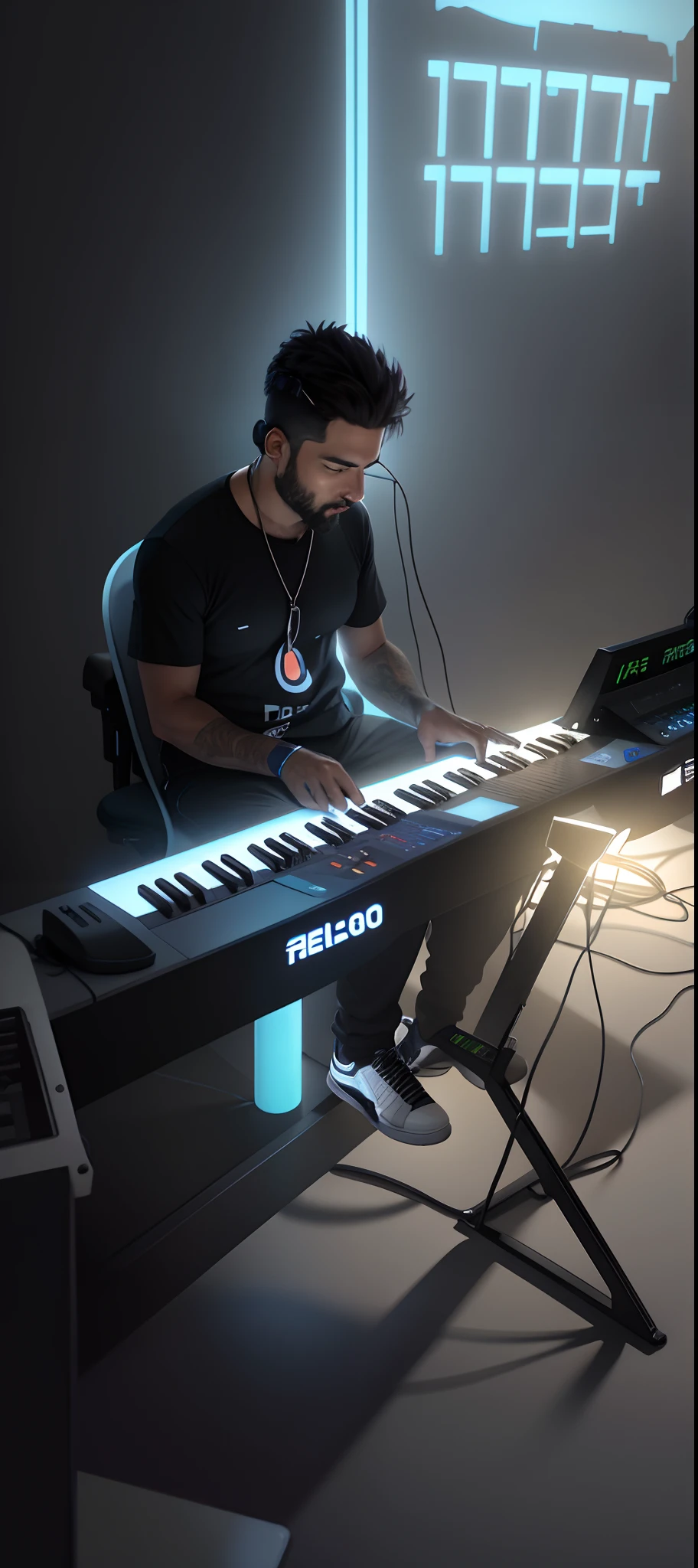 There's a man sitting in a chair playing a keyboard, tecladista, jamming to music, pianista, music being played, plano completo, Usando sintetizador, tocando plano, teclado musical, plano, live performance, masterful composition!!!, plano ao fundo, Apresentando-se no palco, tocando techno house music, Tocando um sintetizador Korg MS-20, teclado