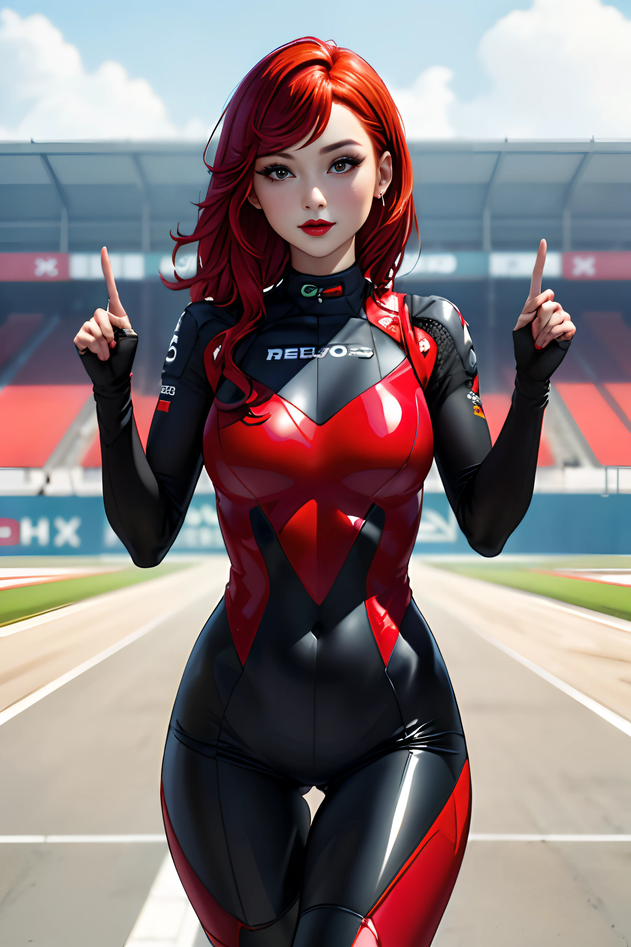 (masterpiece:1.4)、(top-quality:1.4)、
1girl in, F1's bewitching grid girl, Red-haired, looking at the viewers, 独奏 ,realisitic,(shinny skin),(masterpiece:1.4),(top-quality:1.4),red-lips、racing venue, bodysuit, thigh gap, perfect hands