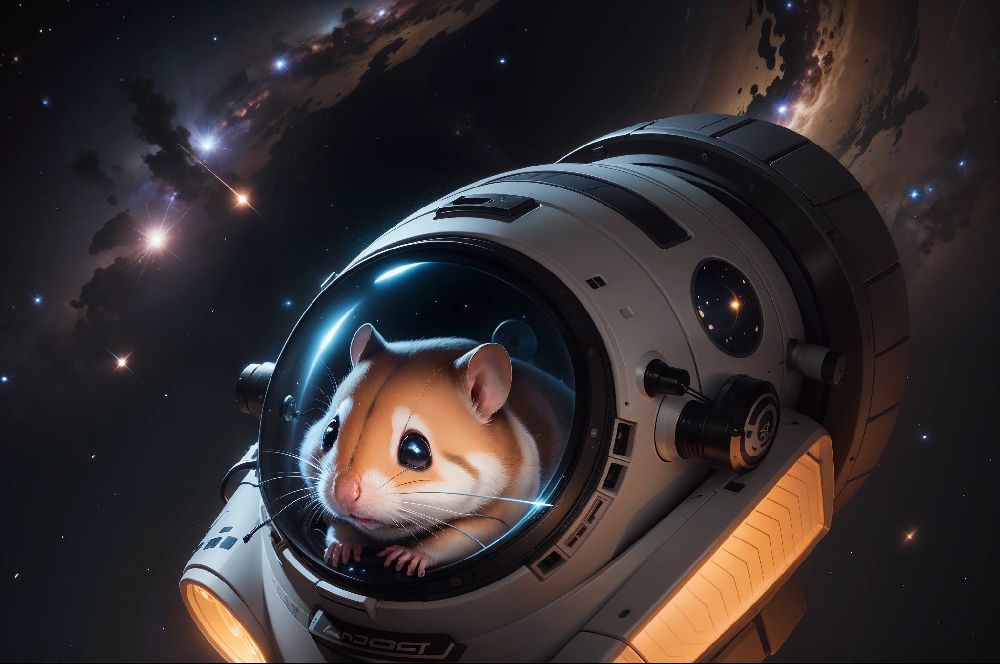 Close up to the face of a hamster as an astronaan, with full astronaut equipment, floating in the dark space, joint with an ondule cable to a space station with the form of a giant wheel. Black starry space as background, Highly detailed.