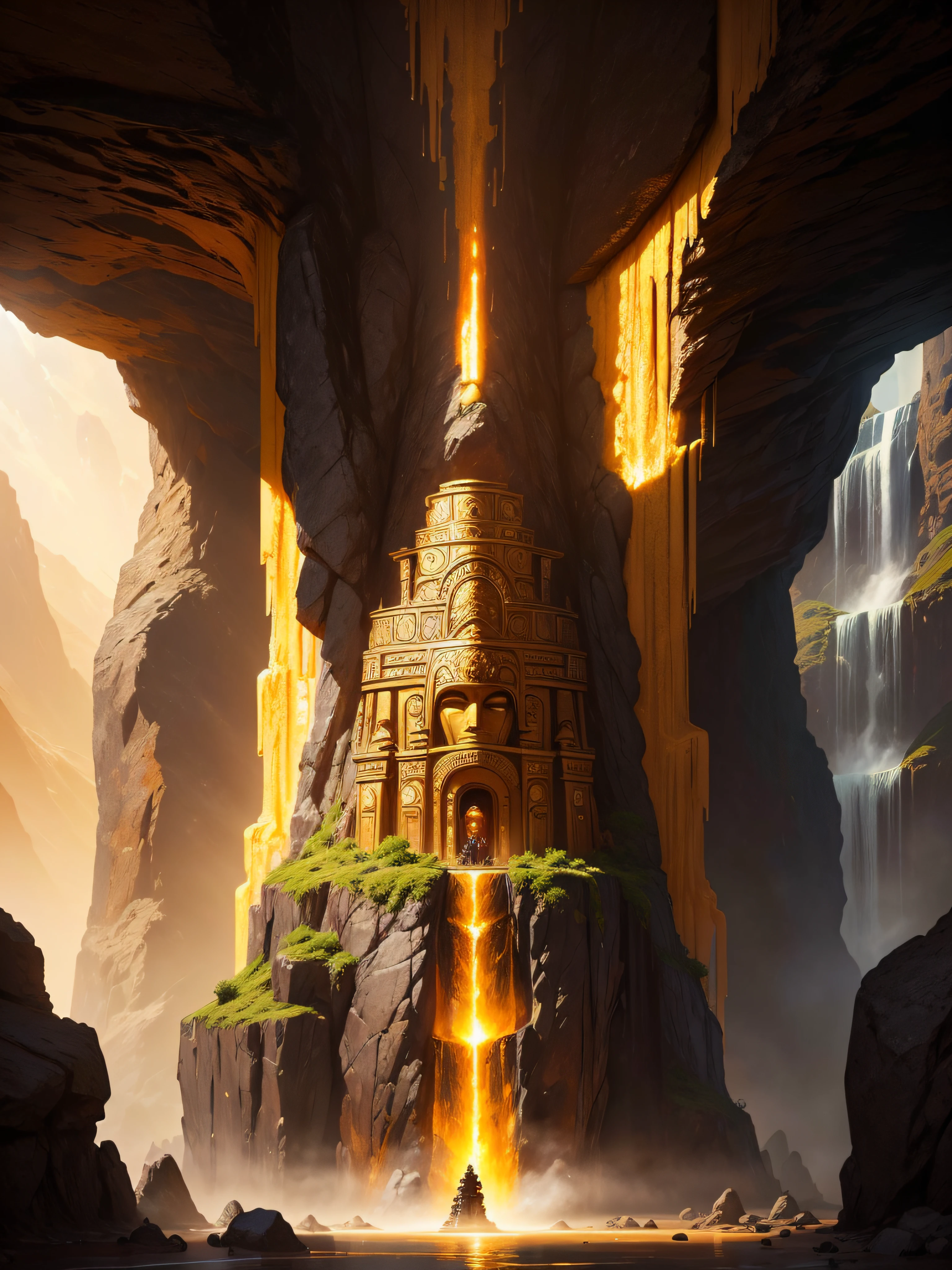 Inca god statute gold in  with warrior attire inside a cave with a water fall and lots of treasure in the background sun light coming from a hole on top of the cave, shining on the statute giving it a beautiful glow, surreal concept art, surrealistic digital artwork