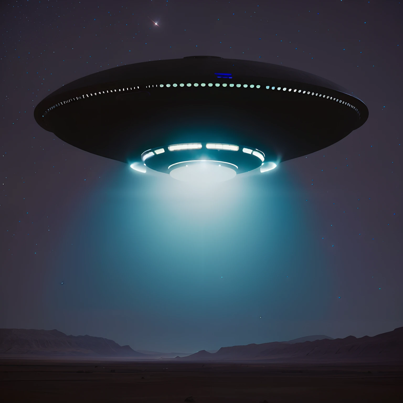 Spaceship flying over a desert landscape with a bright light, alien spaceship in the sky, alien spaceship, alien mothership in the sky, Rapto de OVNIs, spaceship flies in the distance, alien space ship flying in space, ufo lighting, Pouso de OVNIs, of a UFO propulsion system, the ufo is over the city, flying saucer in the sky, ufo aliens