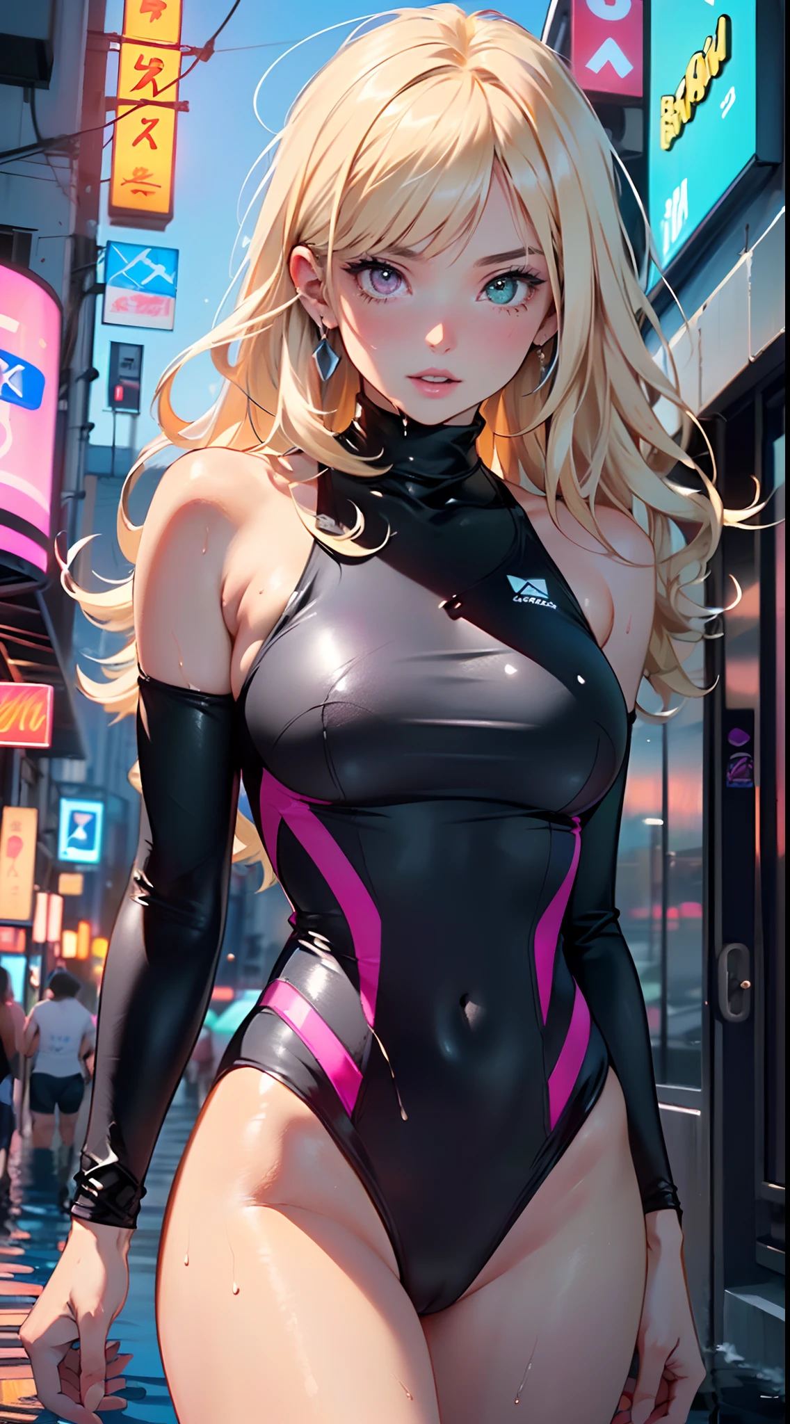 girl swimmer,((girl with extremely cute and beautiful blonde hair)),
(large breasts:1.4),saggy breasts,(((very light blonde hair:1.35,straight hair,long hair:1.4,colored inner hair,ear breathing))),(((heterochromia:1.5,eye1 blue,eye2 green))),intricate eyes,beautiful detailed eyes,symmetrical eyes,((fat)),(((lustrous skin:1.5,bright skin: 1.5,skin tanned,shiny skin,very shiny skin,shiny body,plastic glitter skin,exaggerated shiny skin,illuminated skin, wet legs))),(spider lower abdomen,narrow waist,wide hip,athletic body,inflated legs,delicate detailed fingers,detailed body,human hands,(detailed face)),
cute,slutty,seductive,erotic,(((nsfw))),
((one-piece_swimsuit magenta,wearing a one-piece_swimsuit outfit:1.3,magenta armor swimsuit:1.3)),((wet clothes,intricate outfit,intricate clothes)),
(dynamic pose:1.0),embarrassed,(centered,scale to fit dimensions,Rule of thirds),
cyberpunk city by the ocean at night, with bright neon signs and dark stormy clouds and puddles, scenery:1.25,
artistic photography,(photography taken by sldr),highres, sharp focus, (ultra detailed, extremely detailed), (photorealistic artwork:1.37),(extremely detailed CG unity 8k wallpaper),((synthwave background theme)),(((vibrant colors))),(intricate background),(masterpiece),(best quality),
