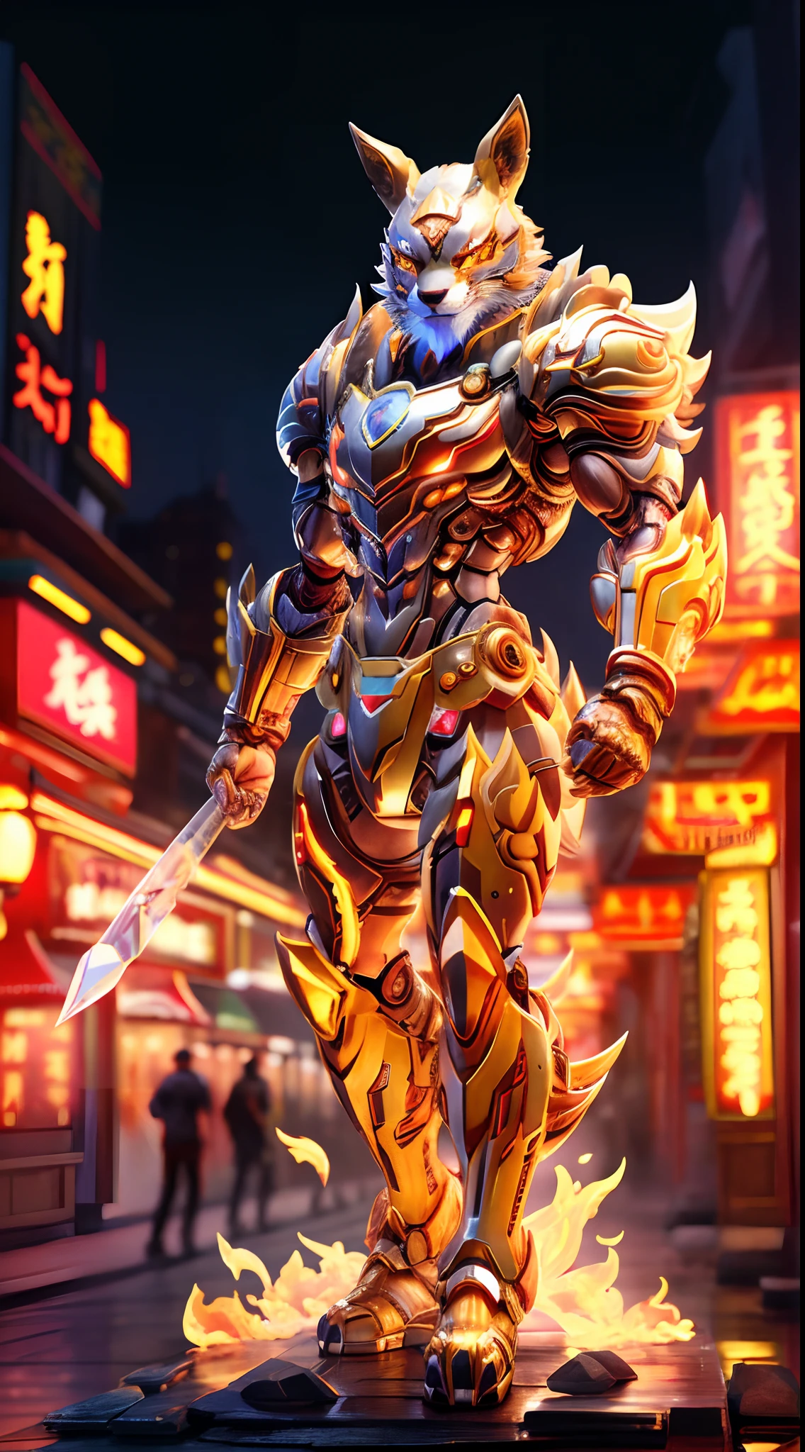 CHINESE FOX TIGER, FOX HEAD, HETEROCHROMIA EYE, CRYSTAL ARMOR, TRANSPARANT, MUSCLE BODY.