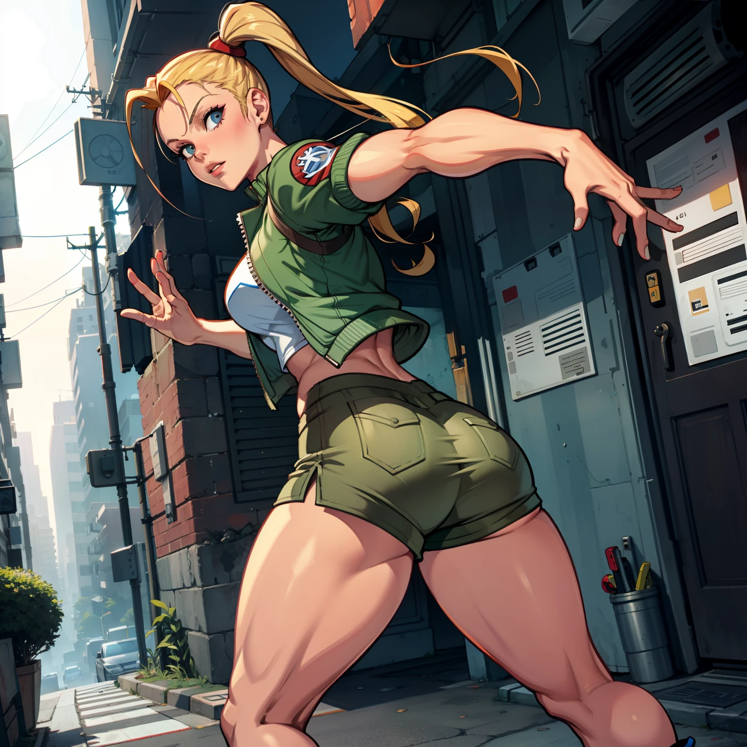 Cammy from Street Fighter In cargos, or booty shorts, sneakers, and a oversized varsity jacket! Posing with her back, solo, alone