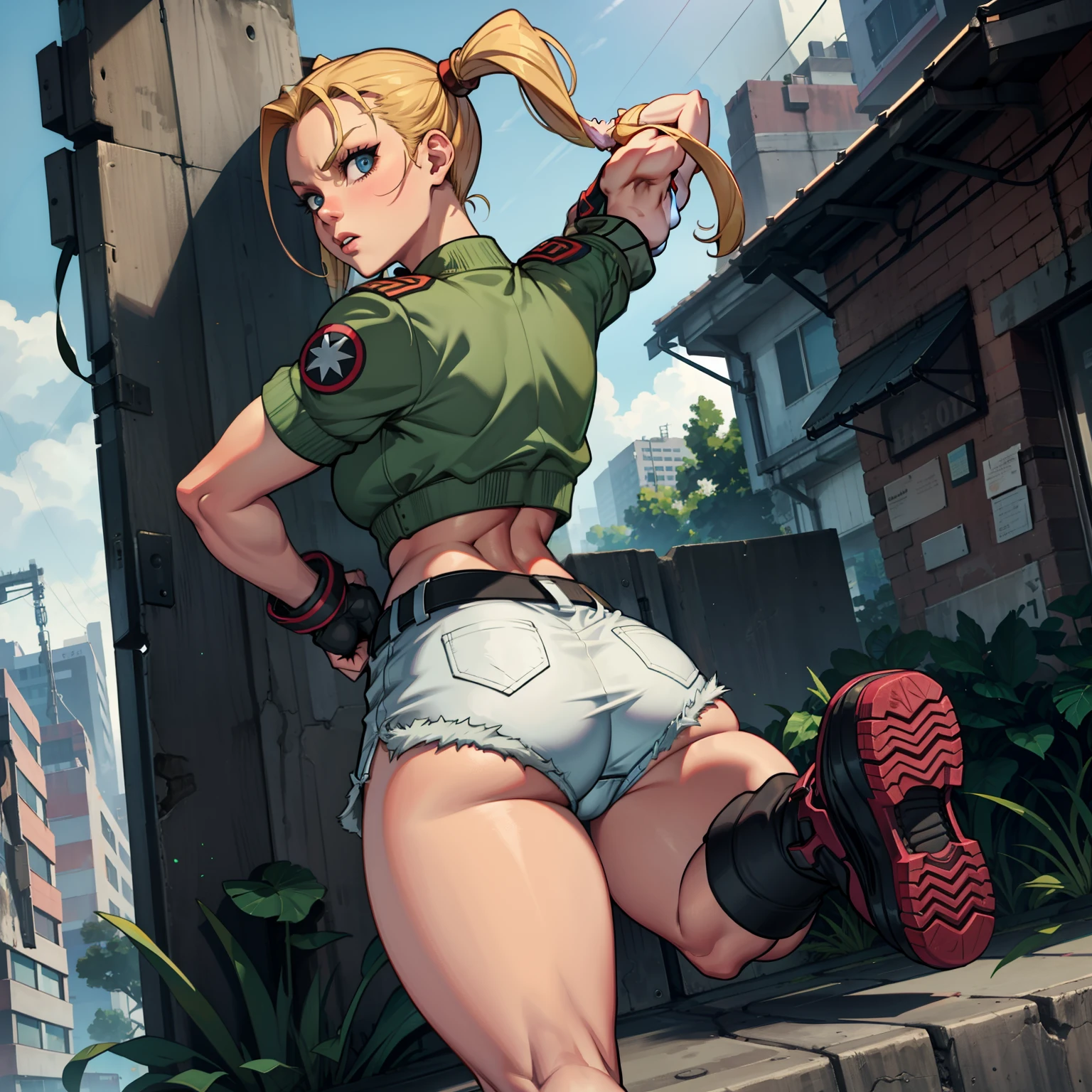 Cammy from Street Fighter In cargos, or booty shorts, sneakers, and a oversized varsity jacket! Posing with her back, solo, alone