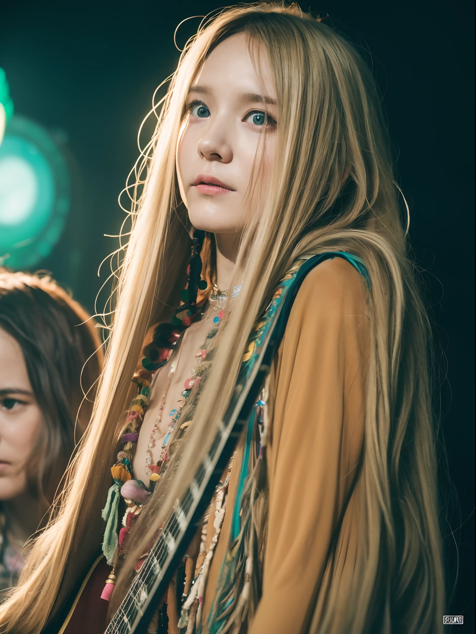 the Extremely Detailed CG Unity 8K Wallpapers、top-quality、ultra-detailliert、masterpiece、studio shoot、Full body portrait、hippie woman、(Hippie fashion:1.6)、Hippie Heavand、realisitic、Photo Real、extremely detailed cute girl、独奏、17 age、Melancholy look, (At a live venue in Woodstock:1.4), a blond、Long bob cut hair, out of focus、blur、