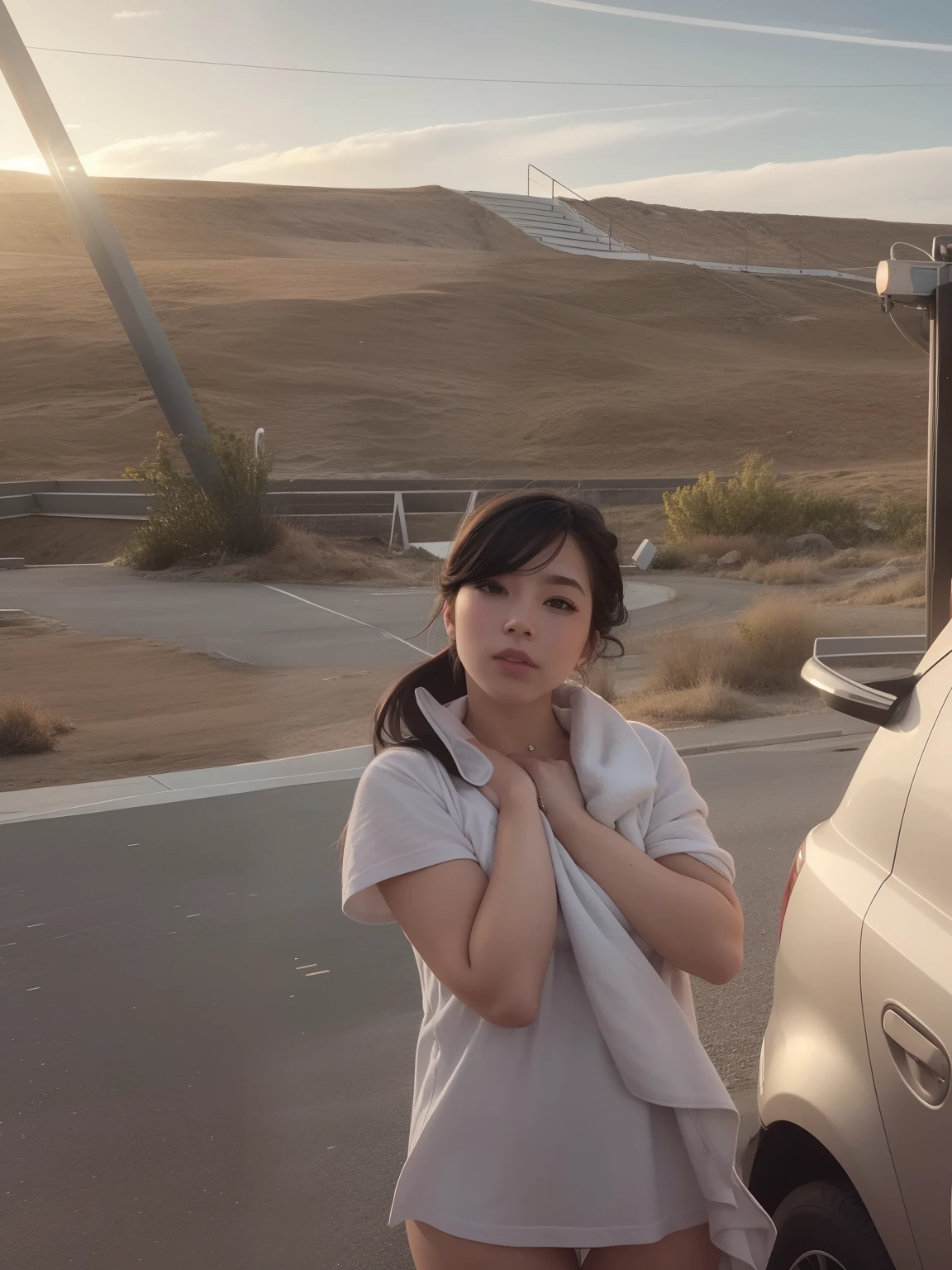 Photo of an 18-year-old girl,beautiful vintage color,Instagram(realisticlying,hight resolution:1.4),(Puffy eyes)),looking at viewert,full body Esbian(8K,RAW Photos,best qualtiy,tmasterpiece:1.2),(realisticlying,photos realistic:1.37),(Sharp Focus:1.2),profetional lighting,photon maping,Radio City,physically-based renderingt,(paleskin:1.2),(Little Breast:1.2),looking at viewert,(Hair in the middle:1.5),sportrait,a purple eye, (Silvery hair:1.1), By bangs, (symple background:1.4), 独奏, The upper part of the body, Realistis, (tmasterpiece:1.4), (best qualtiy:1.4), (shiny skins), Fashionable girl, putting makeup on, ssmile(being thin, Keep one's mouth shut,is shy:1.3), (Light sundress:1.5513), (standing on your feet:1.1), Petite bust, sexyposture, {NSFW:1.2},Big exposed cleavage