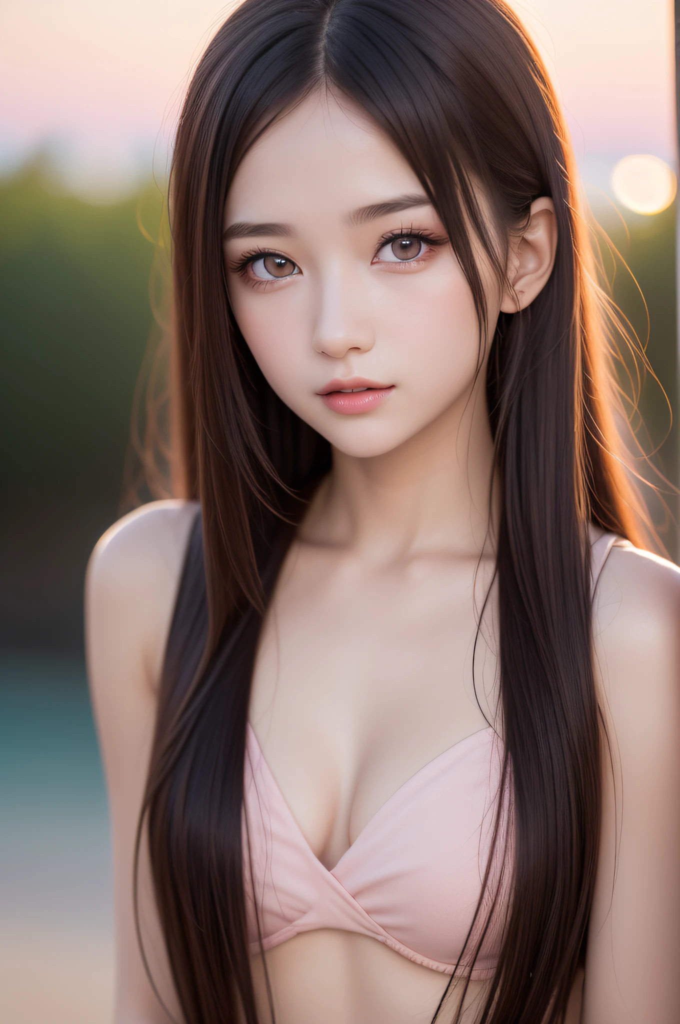 ((1young girls)), (extremely detailed beautiful face), Amazing face and eyes, (Best Quality:1.4), (Ultra-detailed), (extremely detailed CG unified 8k wallpaper), Highly detailed, High-definition raw color photos, Professional Photography, Amazing face and eyes, Pink eyes, Twin-tailed, Brown hair, Model, (((Bokeh))), depth of fields, Beach, Twilight, Sunset