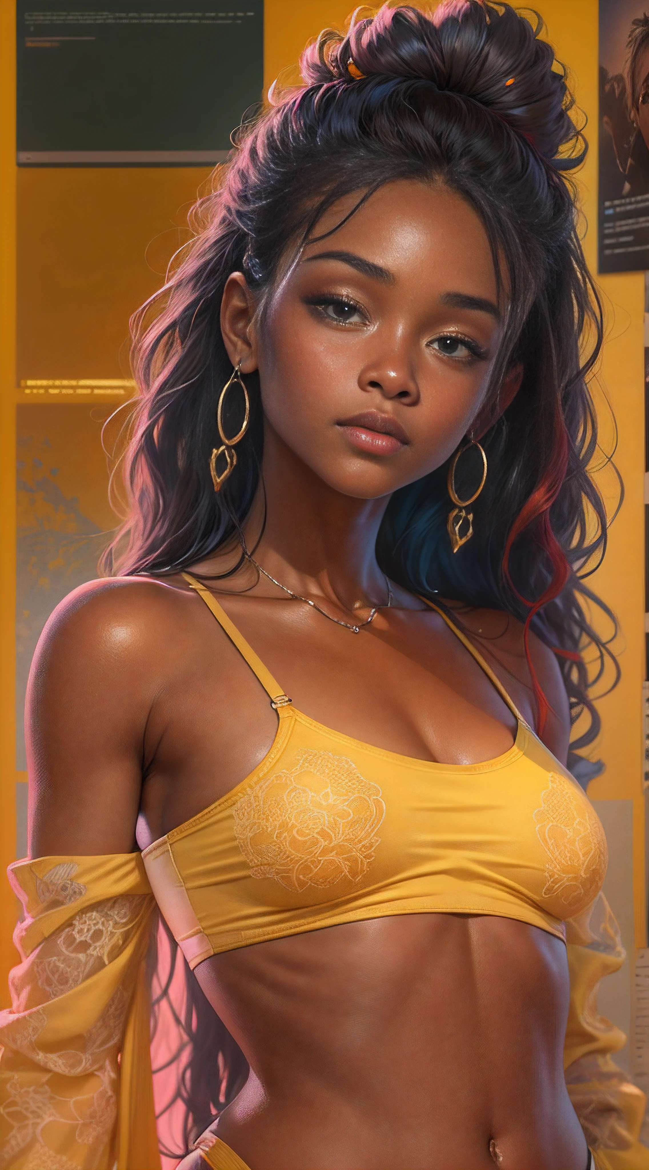 Black female. A red girl, wearing a blank oversized heavy cotton pink and yellow lingerie, gen-z style, small crew neck, colorful background, ultra hd, realistic, vivid colors, highly detailed, UHD drawing, pen and ink, perfect composition, beautiful detailed intricate insanely detailed octane render trending on artstation, 8k artistic photography, photorealistic concept art, soft natural volumetric cinematic perfect light