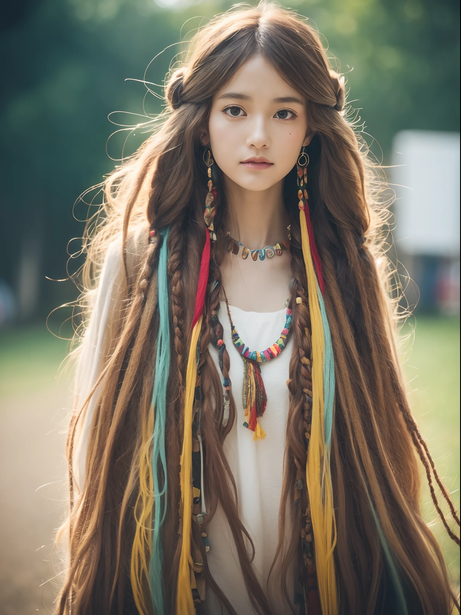 the Extremely Detailed CG Unity 8K Wallpapers、top-quality、ultra-detailliert、masterpiece、studio shoot、Full body portrait、hippie woman、(Hippie fashion:1.5)、Hippie Heeband、realisitic、Photo Real、extremely detailed cute girl、独奏、17 age、Melancholy look, (At Woodstock:1.4), Hippie Tent、Hippie rallies、Brown hair、Long bob cut hair, out of focus、blur、