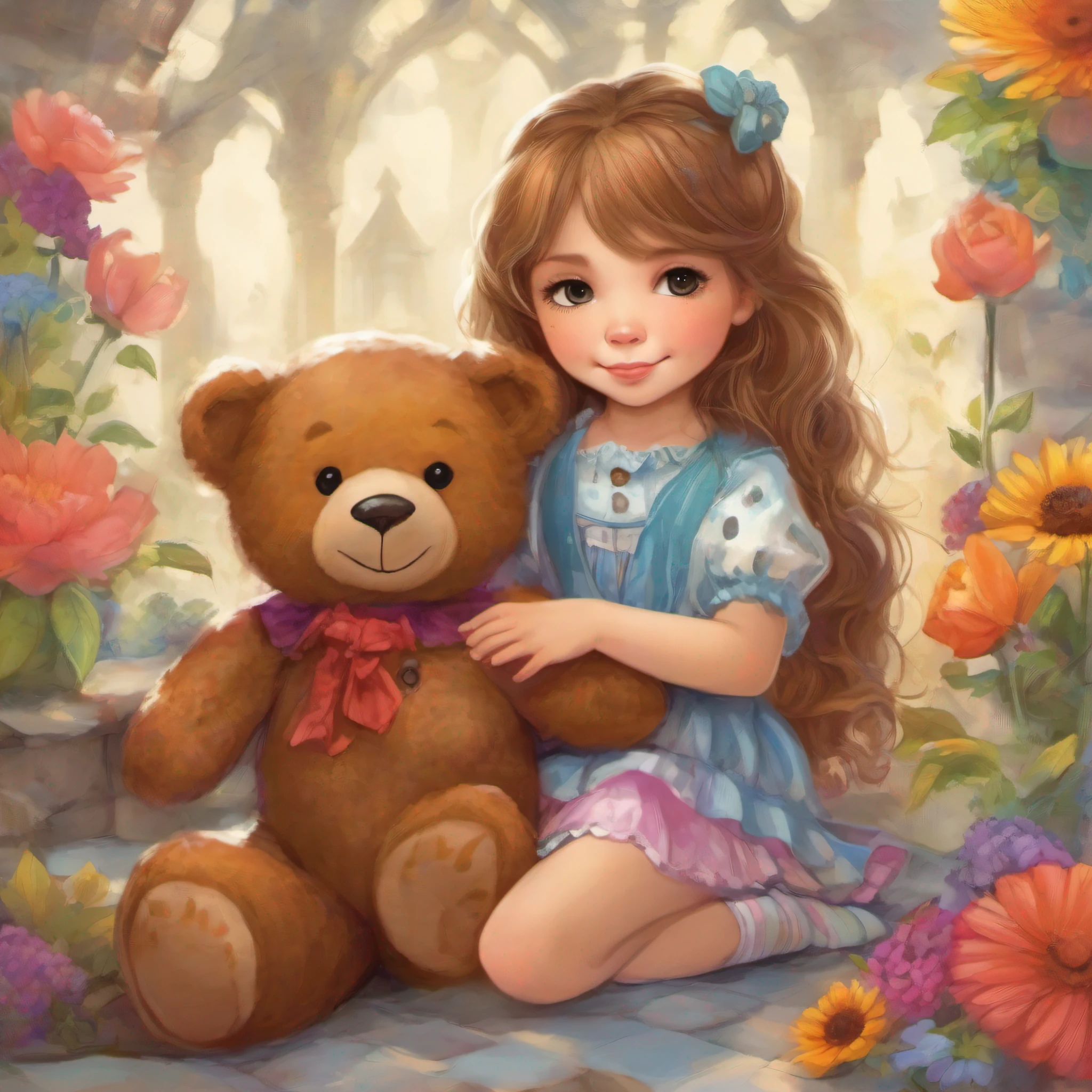 A child girl with light brown hair she wears a colorful outfit and is playing with a brown teddy bear