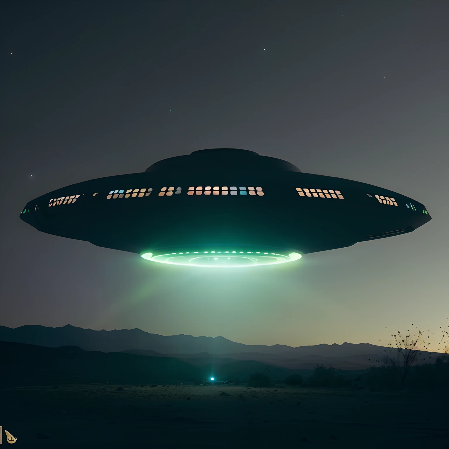 Spaceship flying over a desert landscape at night with a bright green light, alien spaceship, alien mothership in the sky, alien spaceship in the sky, Rapto de OVNIs, Pouso de OVNIs, ufo aliens, ufo lighting, flying saucer in the sky, alien mothership, alien starship, of a UFO propulsion system, alien abduction, disco voador, ufologia, ufo attack