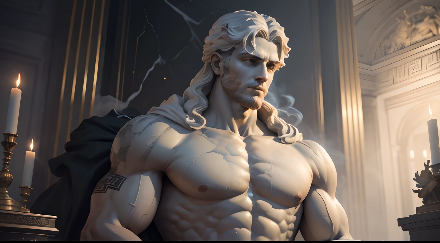 marble statue of a stoic greek god, in an ultra realistic destroyed setting, strong, upper body portrait, serious and arms crossed, sharp focus, emitting diodes, smoke, artillery, sparks, racks, system unit, motherboard, by pascal blanche rutkowski repin artstation hyperrealism painting concept art of detailed character design matte painting, 4 k resolution blade runner