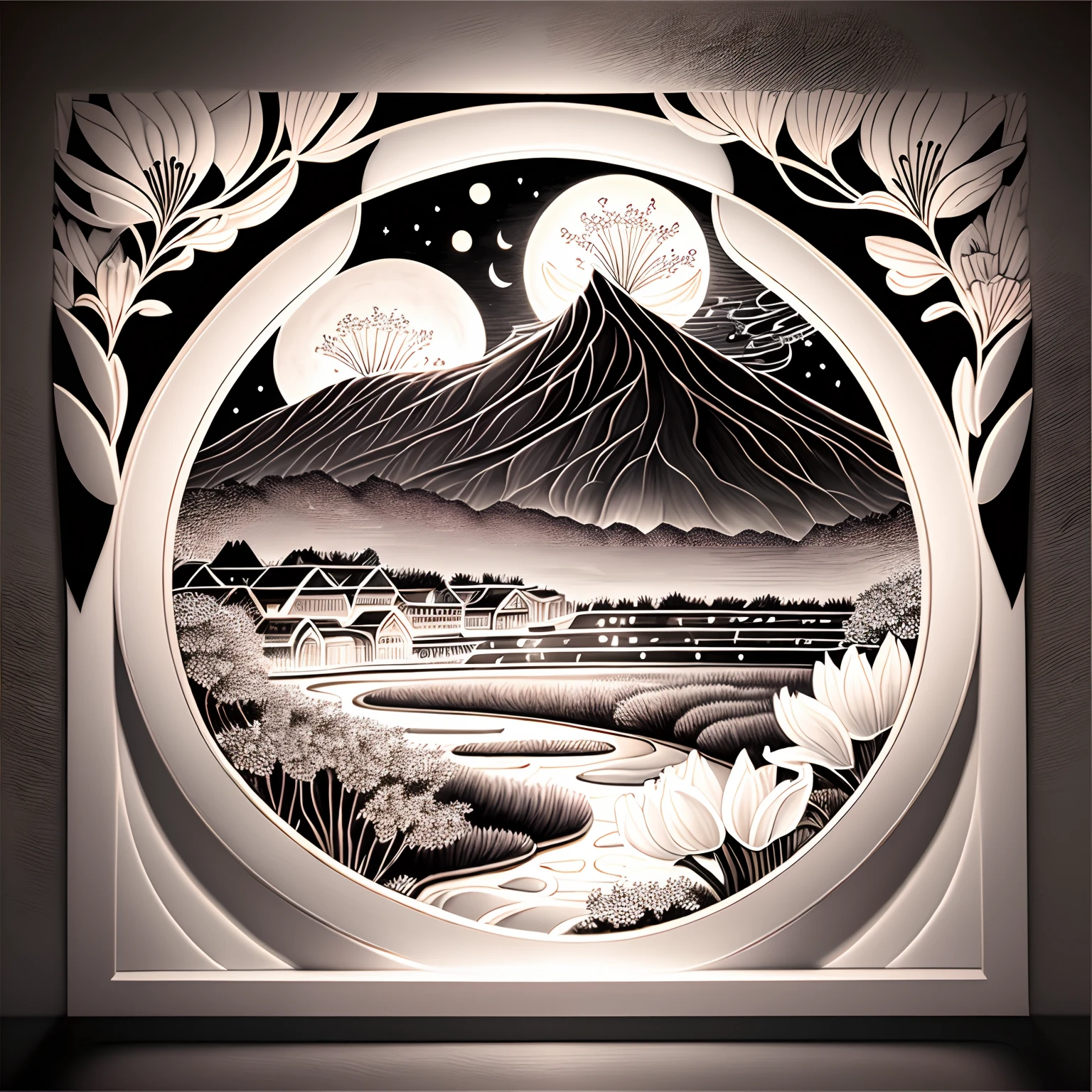 Art in the style send her, imagem super alta, Super Detalhe, super high resolution, Meia-noite, pintura de paisagem, pencil drawing art, monocromatic, Many lilies and cherry blossoms illuminated by moonlight on the hill of the city, Delicate and detailed composition, professional lighting