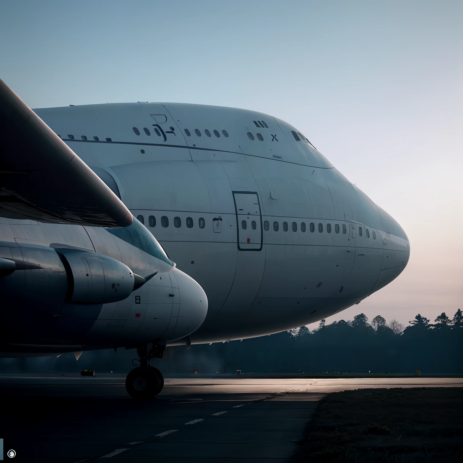 View of a large 747 commercial airliner on a runway, plane, low view, Directed by: Robert Jacobsen, Directed by: Matias Weischer, F / 1 1. 0, plane, Tiro em Hasselblad, aeronave, low shooting angle, ao nascer do sol, brilho matinal, Tiro com Hasselblad, F / 2. 2, olhar para o lado, Planes