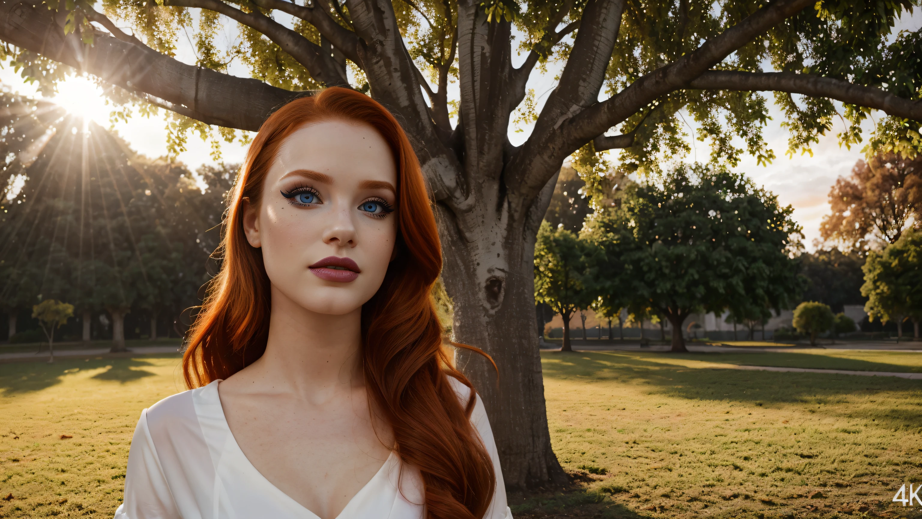 Madelaine Petsch, (eyeliner), (matte lipstick), vestido longo branco, ((park)), ((rosto insanamente detalhado)), (((fotografia 4k))), (orange sky, afternoon), (((sun rays passing through a tree)))
