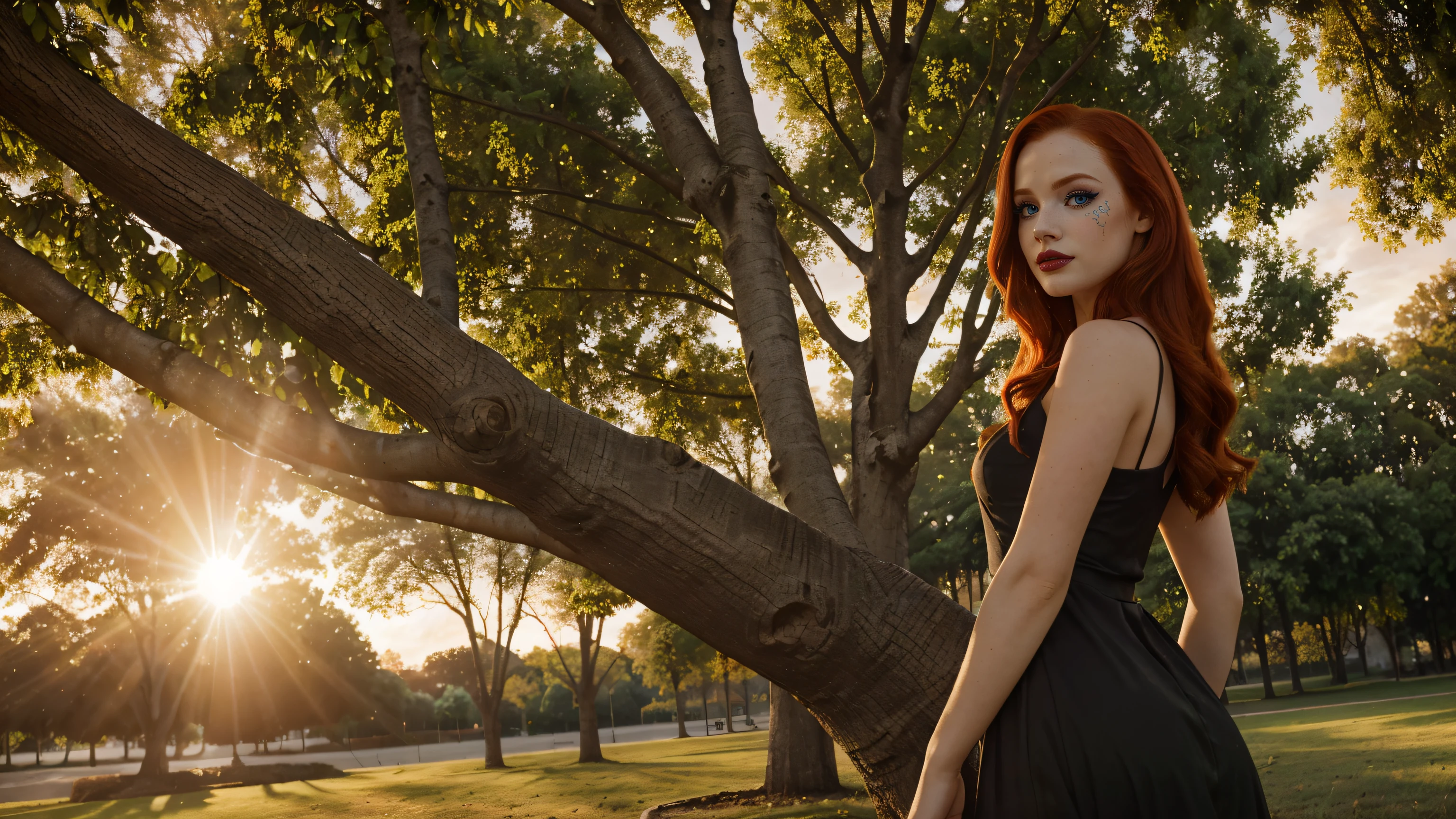 Madelaine Petsch, (eyeliner), (matte lipstick), vestido longo branco, ((park)), ((rosto insanamente detalhado)), (((fotografia 4k))), (orange sky, afternoon), (((sun rays passing through a tree)))