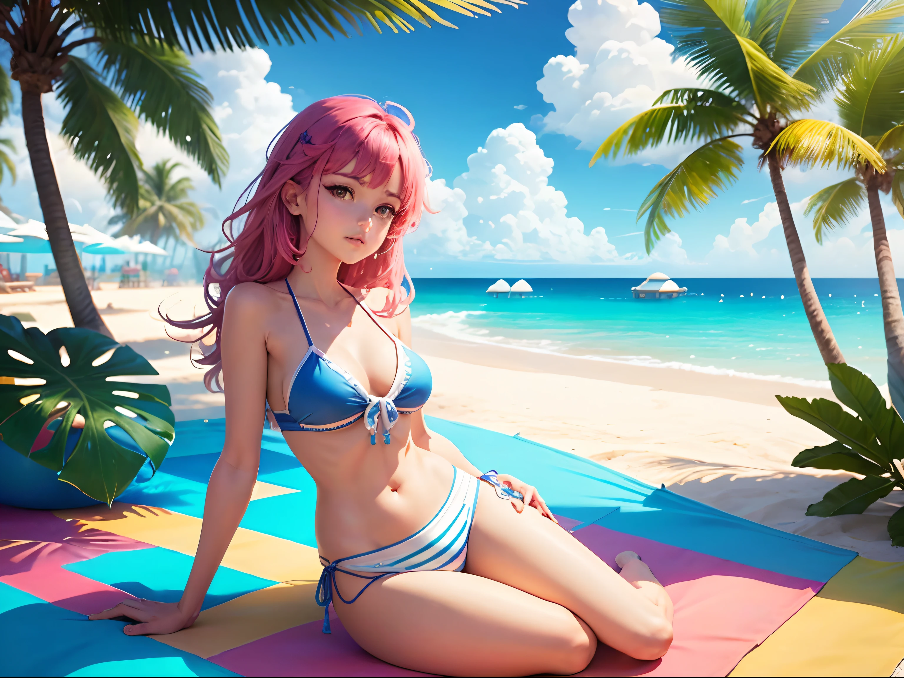 Imagine a beach resort on a summer day, com coqueiros, cores vibrantes e triadicas, fundo branco, more playful and childish style, feito com o blender, no estilo de artistation e behance.