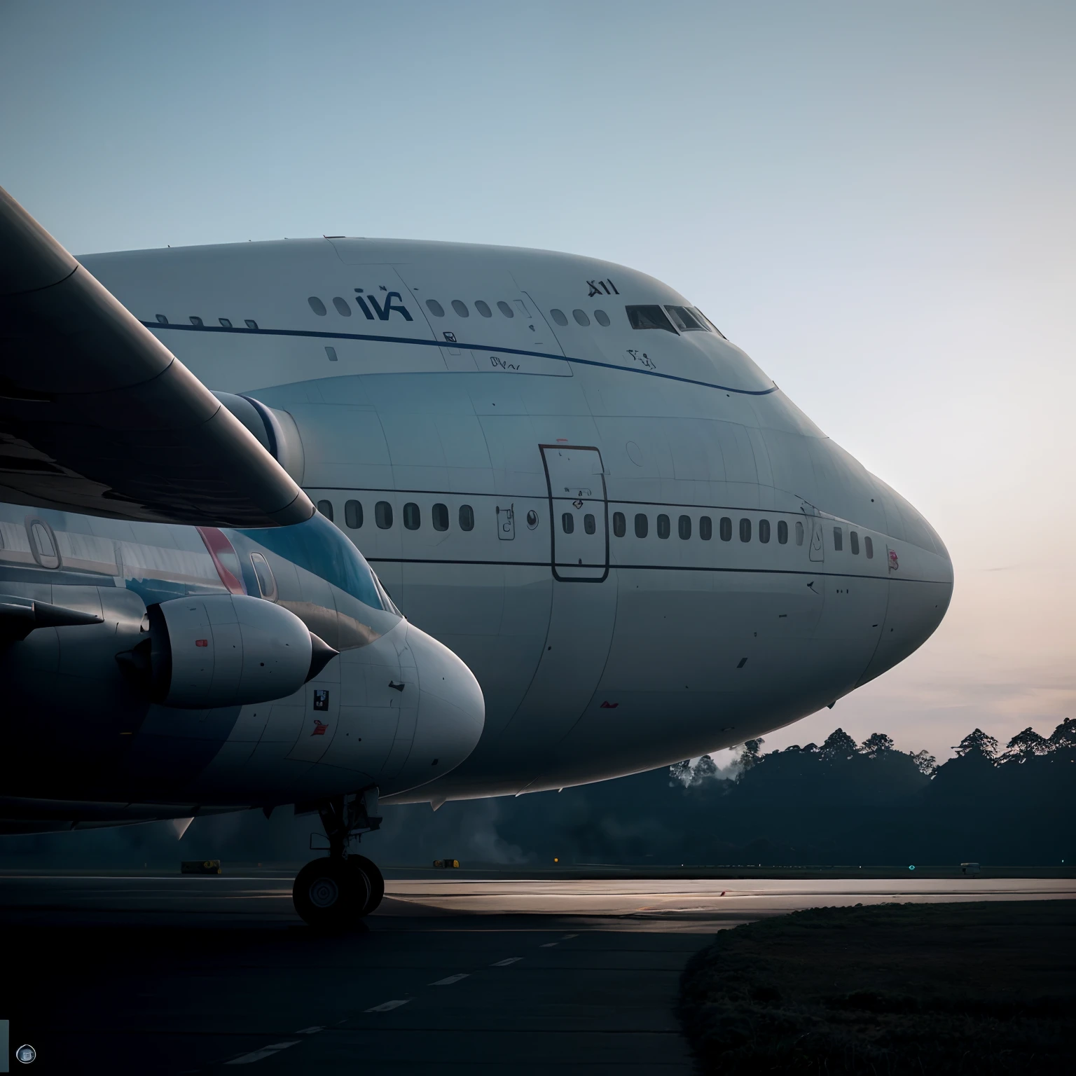 View of a large 747 commercial airliner on a runway, plane, low view, Directed by: Robert Jacobsen, Directed by: Matias Weischer, F / 1 1. 0, plane, Tiro em Hasselblad, aeronave, low shooting angle, ao nascer do sol, brilho matinal, Tiro com Hasselblad, F / 2. 2, olhar para o lado, Planes