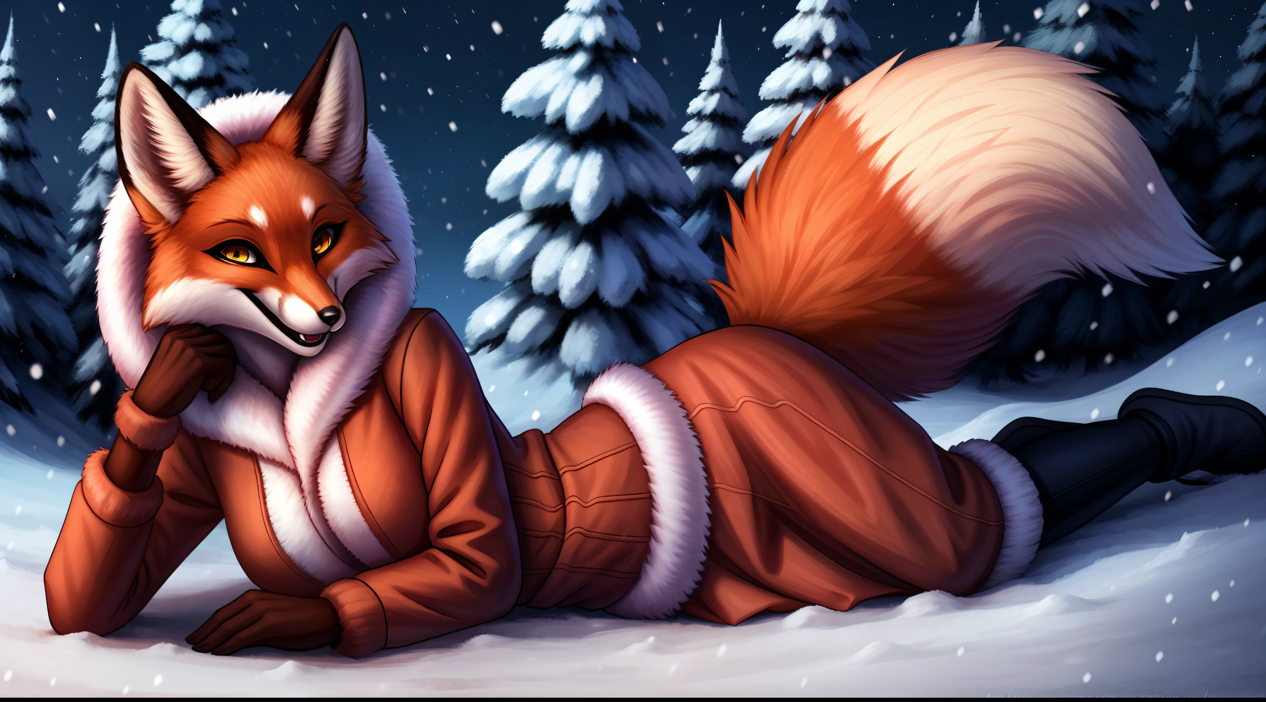 Alice, 独奏, 1girl, animal ears, Color: Red, Orange, female focus, 1 fox tail, Red tail of the best quality, exteriors, Lying position of the girl,  Alice lying in the snow, The girl is lying on the ground, happy face, hood, Detailed background, orange jacket, fur-trim, Furry, Fluffy, fur-trimmed sleeves, Orange fur coat with fur trim, Fox ears of the best quality, a 1girl, 独奏, Focus Photo, Smile, blusher, looking a viewer, Evening sunset, winter, It's snowing, detailed yellow eyes, Detailed beautiful yellow eyes, detailized face, detailed hands and fingers, High-quality hands and fingers, Perfect anatomy of the body, Perfect posture, Perfect anatomy of the hand, Perfect finger anatomy, Heightened sexuality, big breastes, skinny waist, Girl in a long skirt, knee-length skirt, Long winter boots, beste-Qualit,in detail,high-resolution illustration, Cute, canny smile, blusher, voluminous breasts, Vulgar girl, A thin, soft, Beautiful and detailed portrait, 8K, HDR, Excellent quality, higly detailed, Detailed fur, ((tail correct position)), handsome girl, In a snow-covered dark forest, among the trees, Winter forest landscape, Eyes of detail, 电影灯光