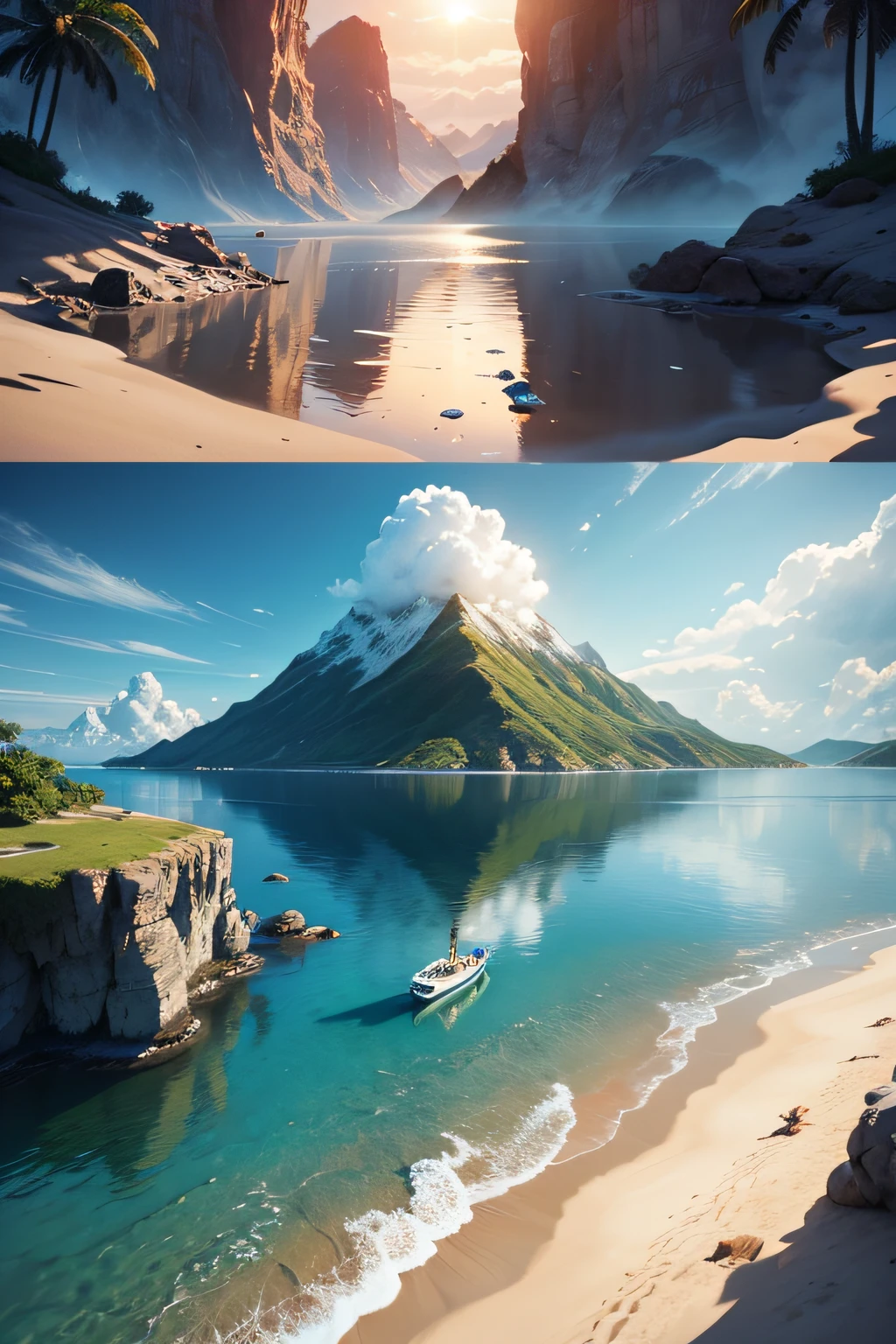 Epic movie poster，a volcano erupts，Award-Awarded（full bodyesbian：1.3）portrait photo of an（moana：1.2），（Seashell Bikini：1.2），（Water Goddess：1.2），tribal tattoos，（wading：1.2）in the pacific（the ocean：1.1），（Partially submerged shots：1.2），（swell sea：0.9），Desert island background，palmeiras，sea beach，Fluffy clouds in the sky，outrun，vaporization，trendding on artstation，The is very detailed，finedetail，iintricate，（lens flare glow：0.9），（The light from the back window is backlighted：0.9），（Halo：0.9），[Style-Micro :: 10], 8k, Ultra HD display，HighestQuali，超高分辨率，Extremely beautiful,Strong gaze, highly  detailed，3d graphic，(Extremely detailed Cg Unity 8K wallpaper)，professional, Beautiful and delicate water,