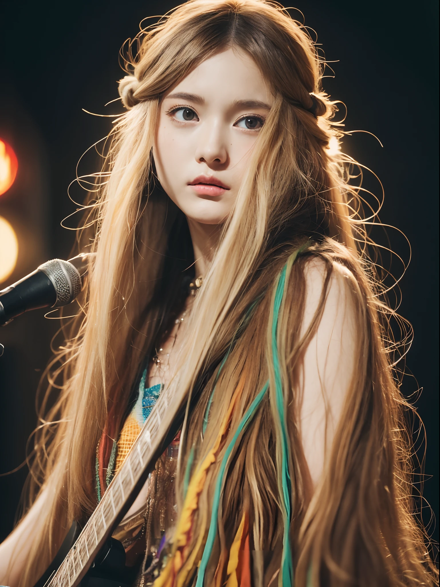 the Extremely Detailed CG Unity 8K Wallpapers、top-quality、ultra-detailliert、masterpiece、studio shoot、The upper part of the body、hippie woman、(Hippie fashion:1.6)、Hippie Heeband、realisitic、Photo Real、extremely detailed cute girl、独奏、、Melancholy look, (At a live venue in Woodstock:1.4), a blond、Long bob cut hair, out of focus、blur、