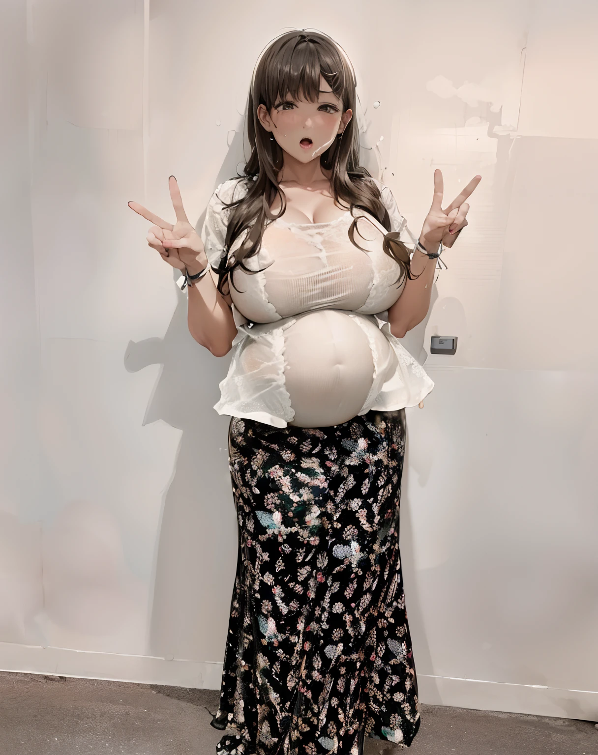 Pregnant woman in white top and black floral skirt, 奈良美智, Belly, chiho, cutecore, 🚿🗝📝, sakimichan, by Ayami Kojima, rena nounen style 3/4, shikamimi, Shiori Teshirogi, 🪔 🎨;🌞🌄、(Best Quality,8K,超A high resolution:1.2),(Huge breasts:2.1),(Voluptuous)、Taut chest、Colossal tits、,middle pregnancy、Pregnancy、Pregnant Woman、During sexual,copulation,ssex,Embarrassed look,Eyes are hearts、cleavage of the breast,Emphasizes cleavage、Obscene underwear,Sexy underwear figure,teats,pubick hair、A sexy、Obscene、Dosukebe、Metamorphosis,Fornication,,cum on,Organism,Inter-strands,covered in cum,Breast milk out of the,(erection, Emerge, streak)、Covered in juice、covered in cum、covered in cum、A detailed face