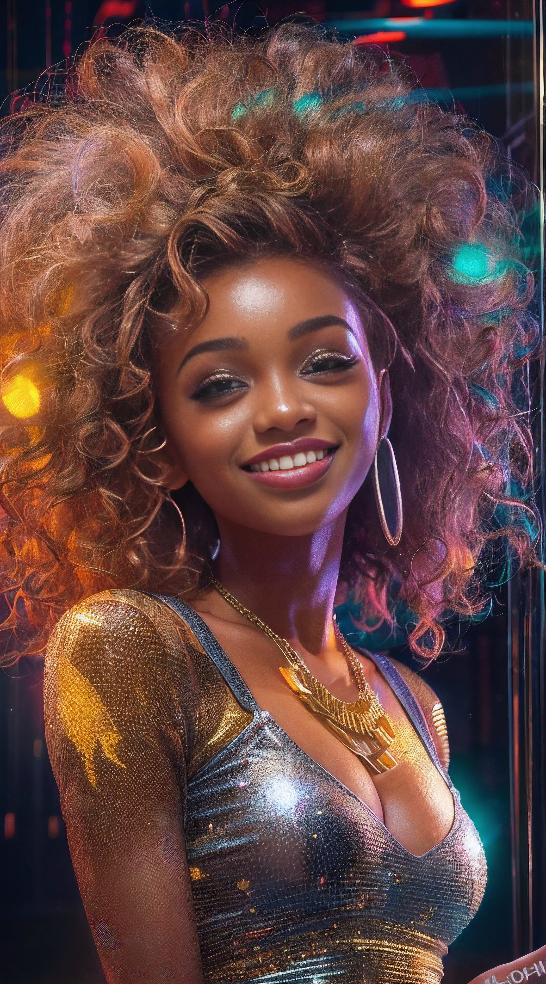 Black girl. gold curly hair, smiling beautiful girl, tulle transparent shirt, cleavage, big chest, against a bright background, interesting pose, bright modern clothes, creative haircut, multicolor with gold and silver, ultra detail, neon light, ultra dynamic light, high quality, by Butcher Billy, Caia Koopman, Coby Whitmore