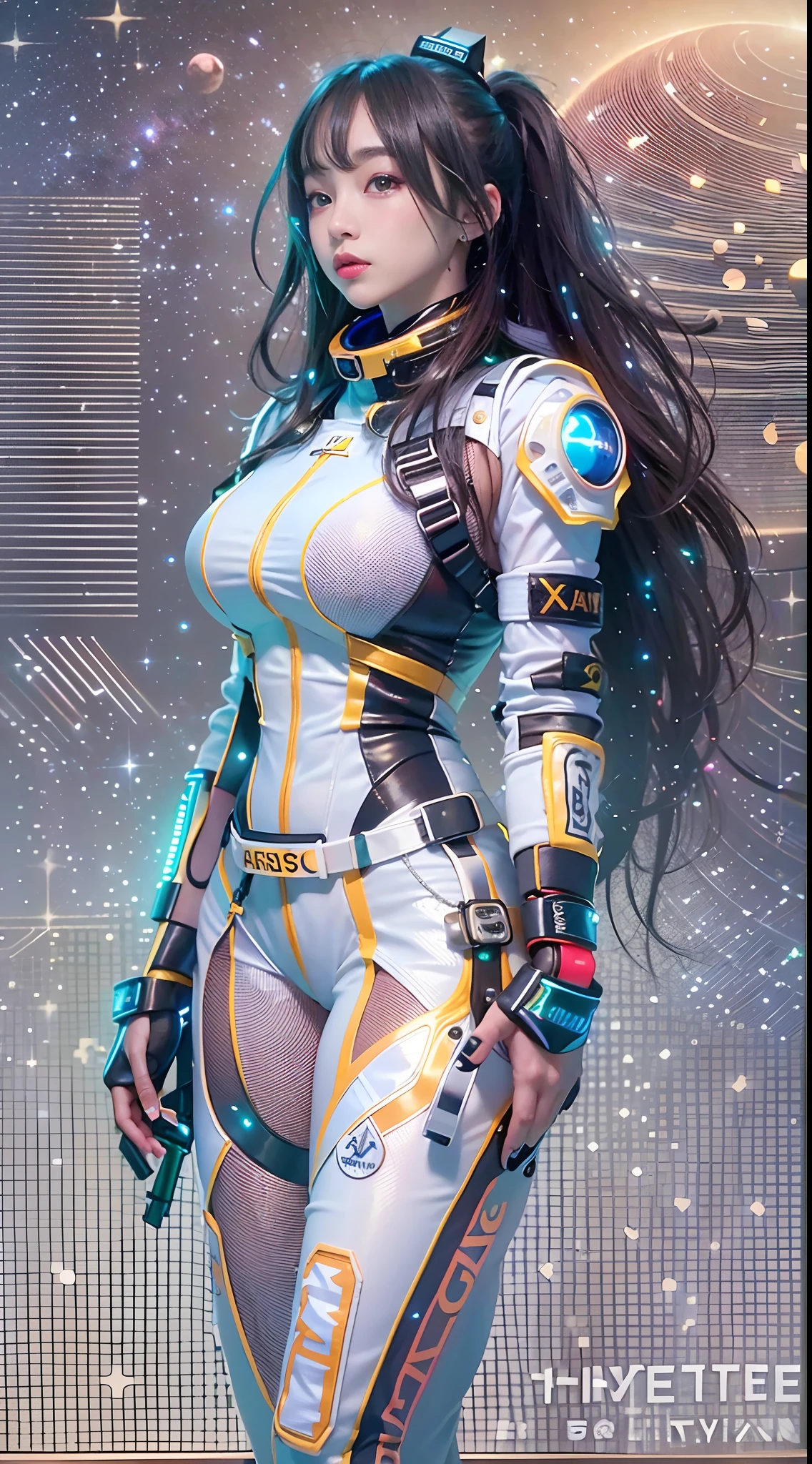 (tmasterpiece:1.2),best qualtiy,In space,(nigh sky,medium lenght hair:1.2),(illustratio:1.2),lindo cenario,dreads,(Elaborate luminescence,lens flare glow),(Hyper-detailing),Hyper-detailing,(exquisitedetails),(complexdetails),(Movie light,Best quality backlight),清晰的线条,New world,peeping at the viewer,Solo Woman,(Space Girl,the space),Oriental women,The girl looks like a Chinese movie star,Solo Woman,Perfect body,Beautiful girl,(1girll),(Bright bioluminescent hair,bright glowing eyes),(galaxias,Alien planet),(Astronaut wearing sexy futuristic style white fitted spacesuit:1.1),The material of the spacesuit is light and thin,Latex tight spacesuit,The chest of the spacesuit shows the starry sky,Slightly closed eyes,(cyber punk perssonage),(dyna:1.3),(putting makeup on)),hight contrast,(The best lighting,Extremely refined and beautiful),((Movie Moonlight)),Extremely colorful,((Photoshop Pastel Painting:1.1)),aethereal,(Movie Masterpiece),suspense,Funk,(Starskrim),splash of color,absolutly eye-catching,((Caustics)),dynamic angle,big breasts beautiful(detailed glow),(spine-chilling),(Intricate movie scenes behind it:1.2),Environmental occlusion, (Ambient moonshine), ray-traced reflection, intricately detailed visible background , (Glowing spacesuit), terroral, (Bioluminescent vegetation:1.2), terroral, uneasy, A futuristic, terroral, (Hologram head-up display), (Delicate Great Comet)