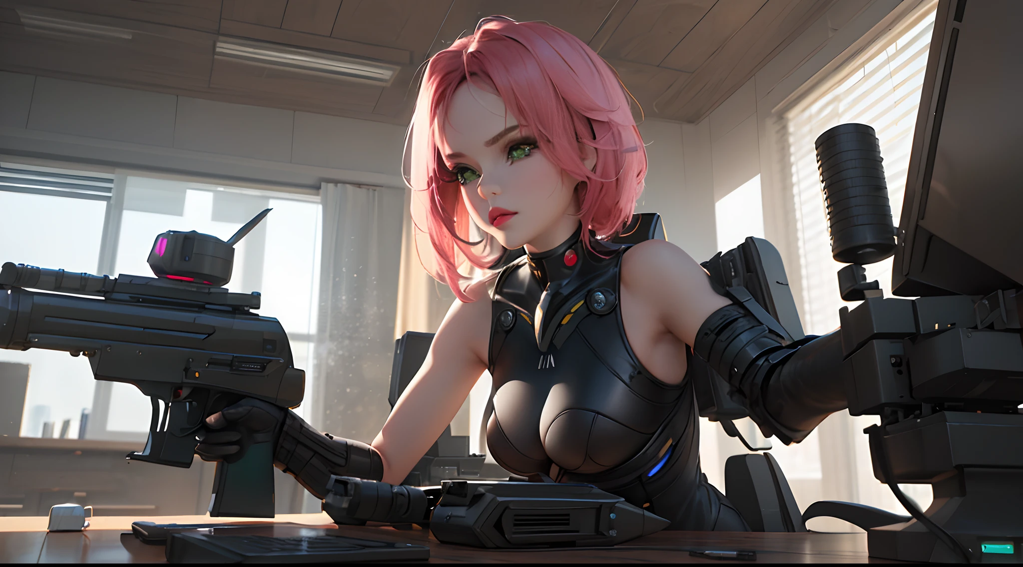 master part, Ultra resolution, alto em detalhes, art anime 3d, uma mulher militar (cabelos dourados como ouro, emerald green eyes and pink lips with thin chin). Military technological equipment, tecnopata,  estilo cortana, Scientific weapons against magic.