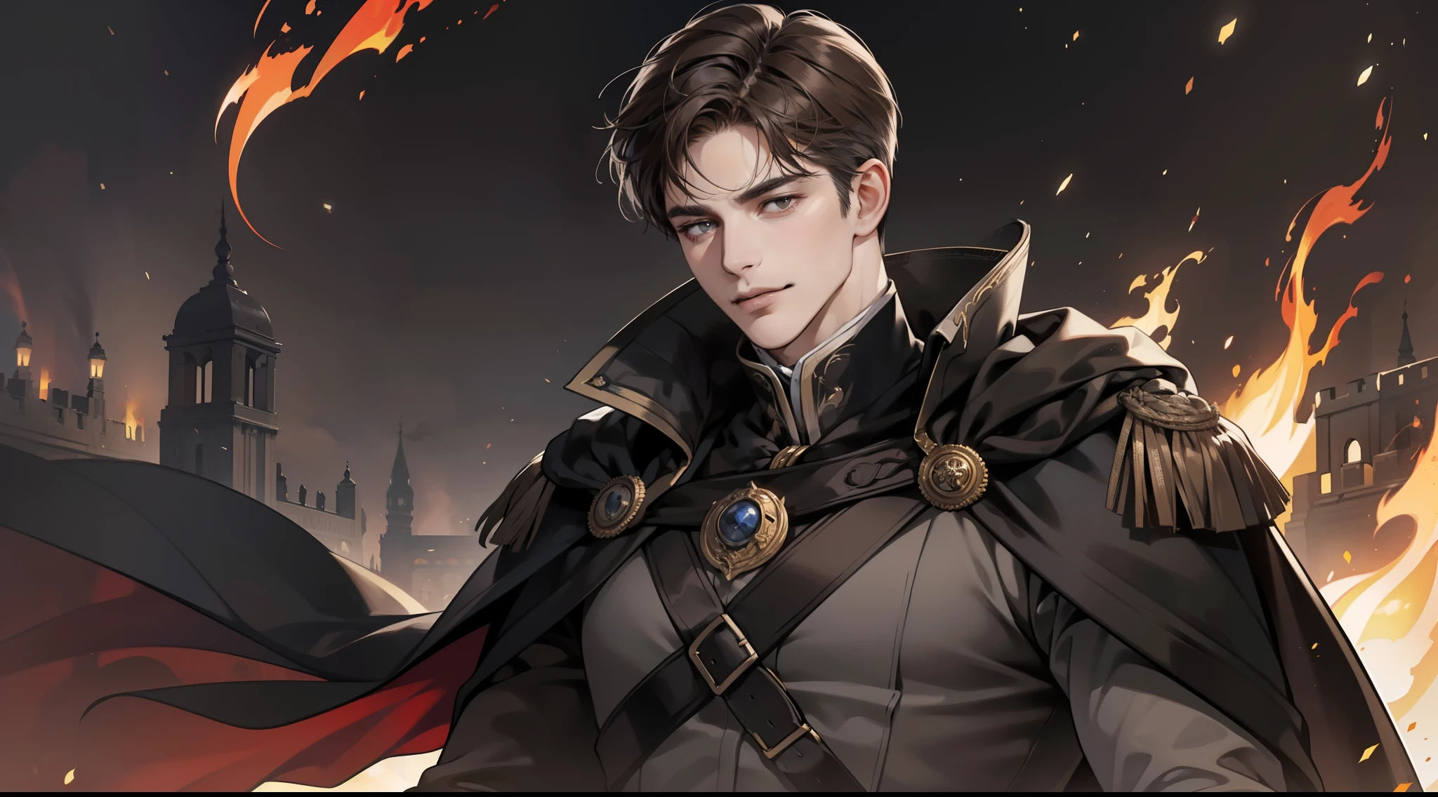 masterpiece, best quality, realistic, 1man, mature male, quiet and charming young man, 25 year old, a smirk, closed mouth, portrait, extremely detailed face, cold and smirk, ((dark grey eyes)), ((short-right-swept dark brown hair)), [thick eyebrows], dark palace, ((long black cape)), dim light, evil, fire background