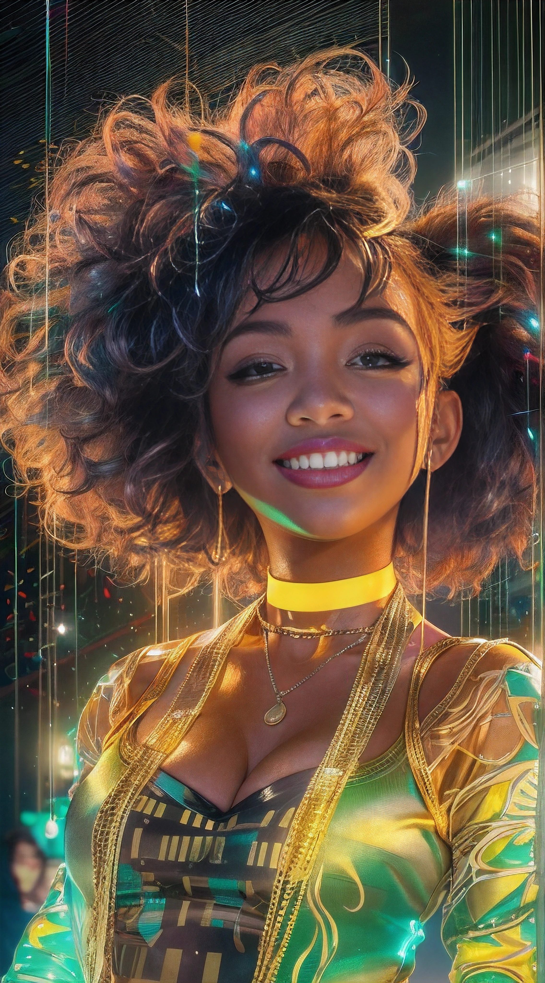 Black girl. gold curly hair, smiling beautiful girl, tulle transparent shirt, cleavage, big chest, against a bright background, interesting pose, bright modern clothes, creative haircut, multicolor with gold and silver, ultra detail, neon light, ultra dynamic light, high quality, by Butcher Billy, Caia Koopman, Coby Whitmore