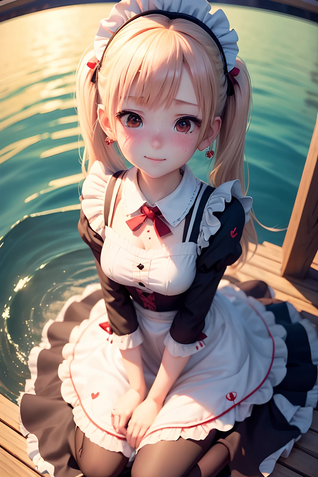 ((Cute 3D Anime Slender Girl Rendering,Half moon evening background,((maid clothes))Red earrings and blonde twin tails float on all fours、Floating in the sea and smiling))、Blue eyes float,, Selfie wind, Angle from below,(((Shooting with a fisheye lens))),Angle from the front,Looking up at the sky, a closeup, summertime, 8K portrait rendering, Smooth Anime CG Art, Rin,(((Blushing face,embarrassed from))),watching at viewers
