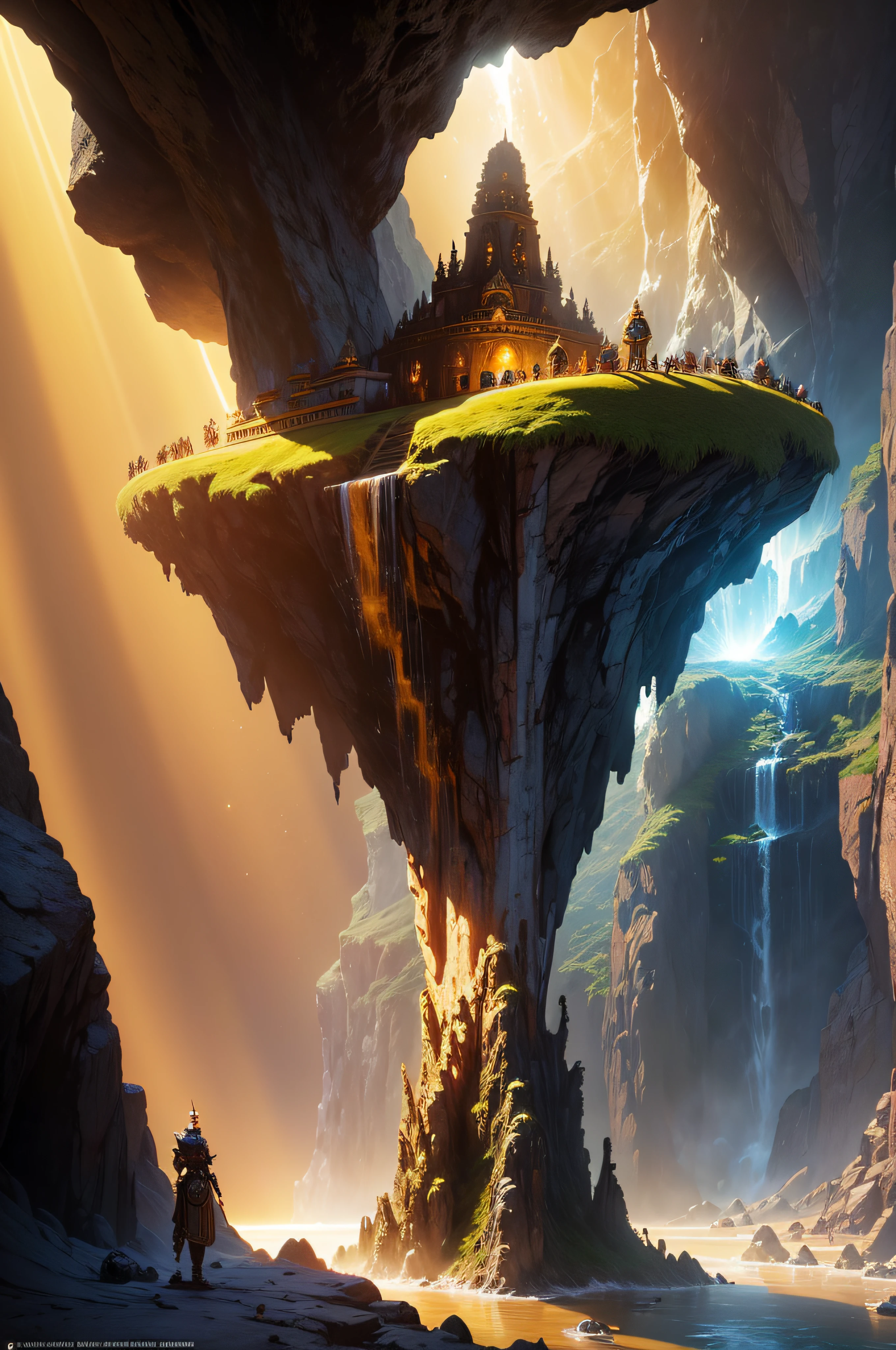 A space ship landing in a cave where there is a Inca god statute gold in with warrior attire, with a water fall and lots of treasure in the background sun light coming from a hole on top of the cave, shining on the statute giving it a beautiful glow, surreal concept art, surrealistic digital artwork